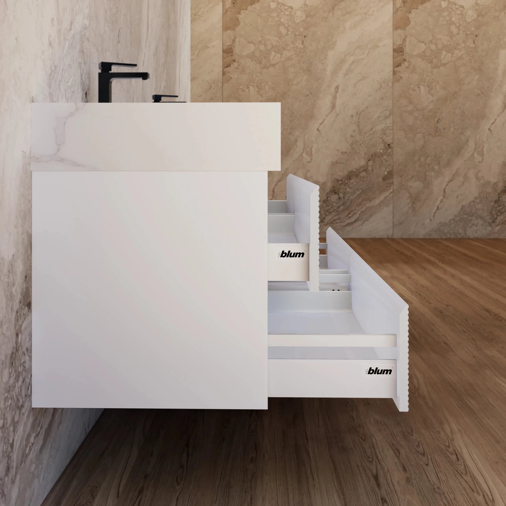 60" White Fluted Floating Vanity with Seamless Stone Double Sink - VanityCalacatta Gold