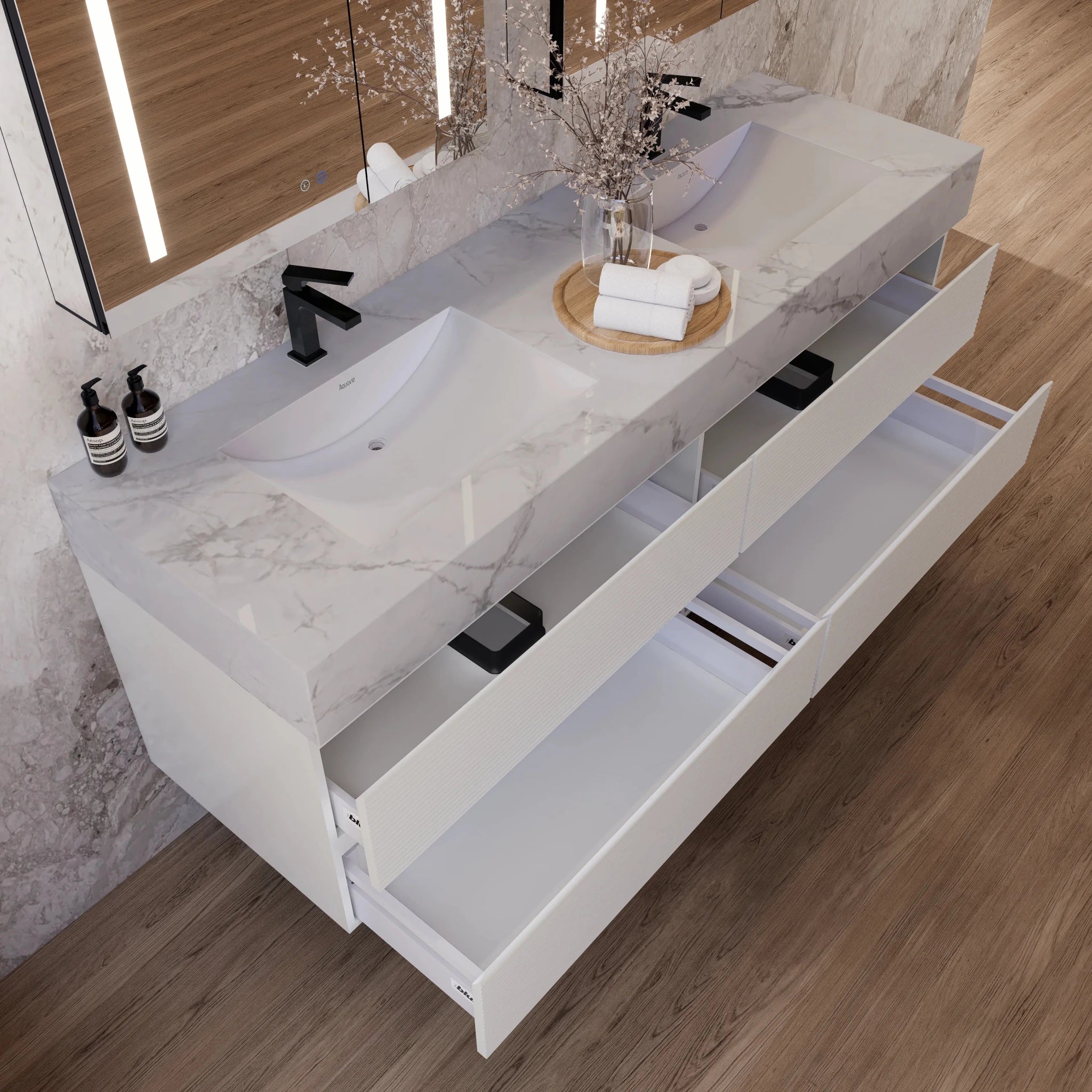 60" White Fluted Floating Vanity with Seamless Stone Double Sink - VanityIce Grey