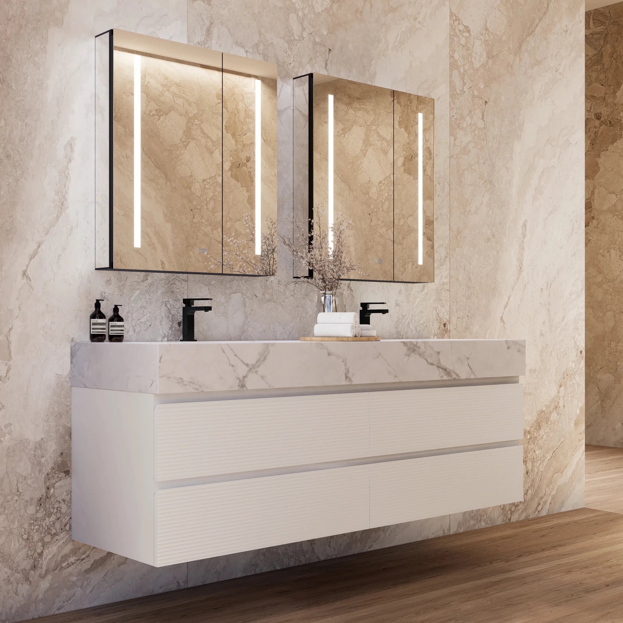 60" White Fluted Floating Vanity with Seamless Stone Double Sink - VanityIce Grey