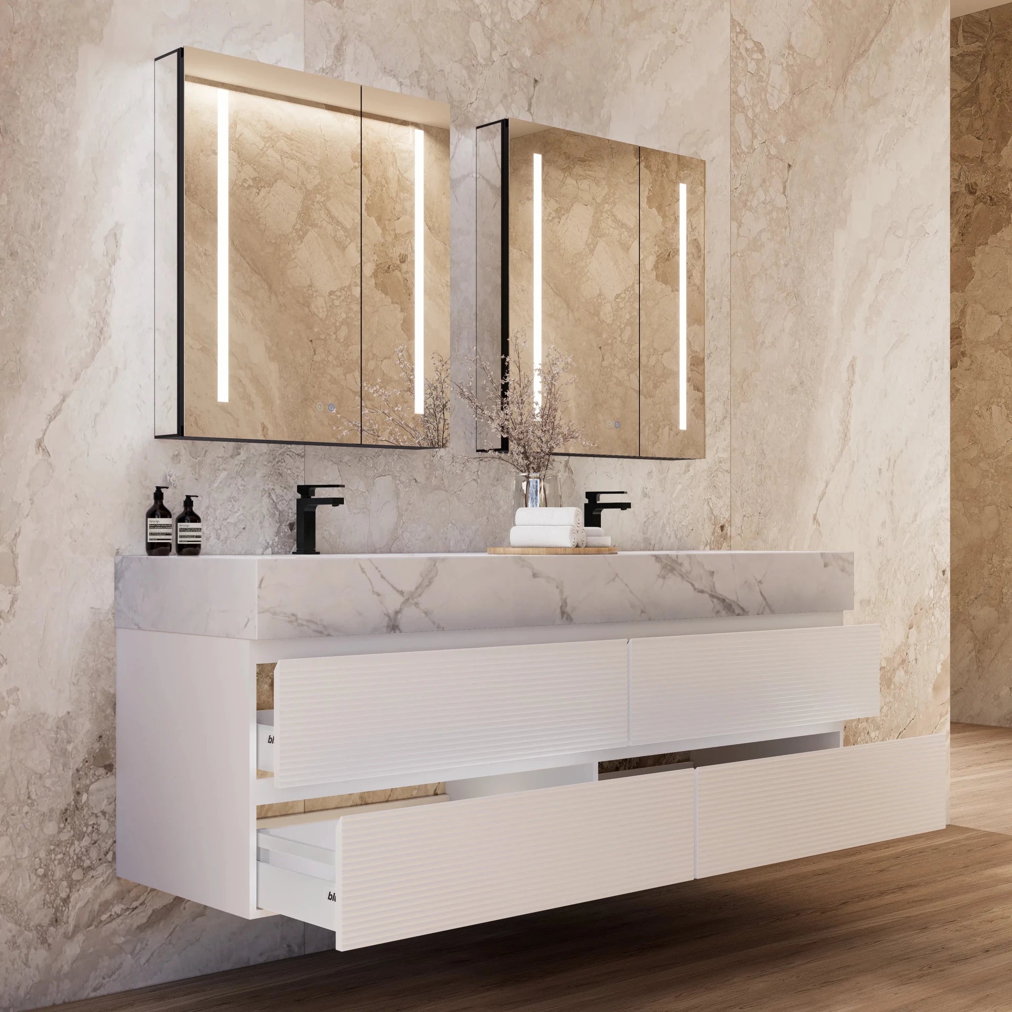 60" White Fluted Floating Vanity with Seamless Stone Double Sink - VanityIce Grey