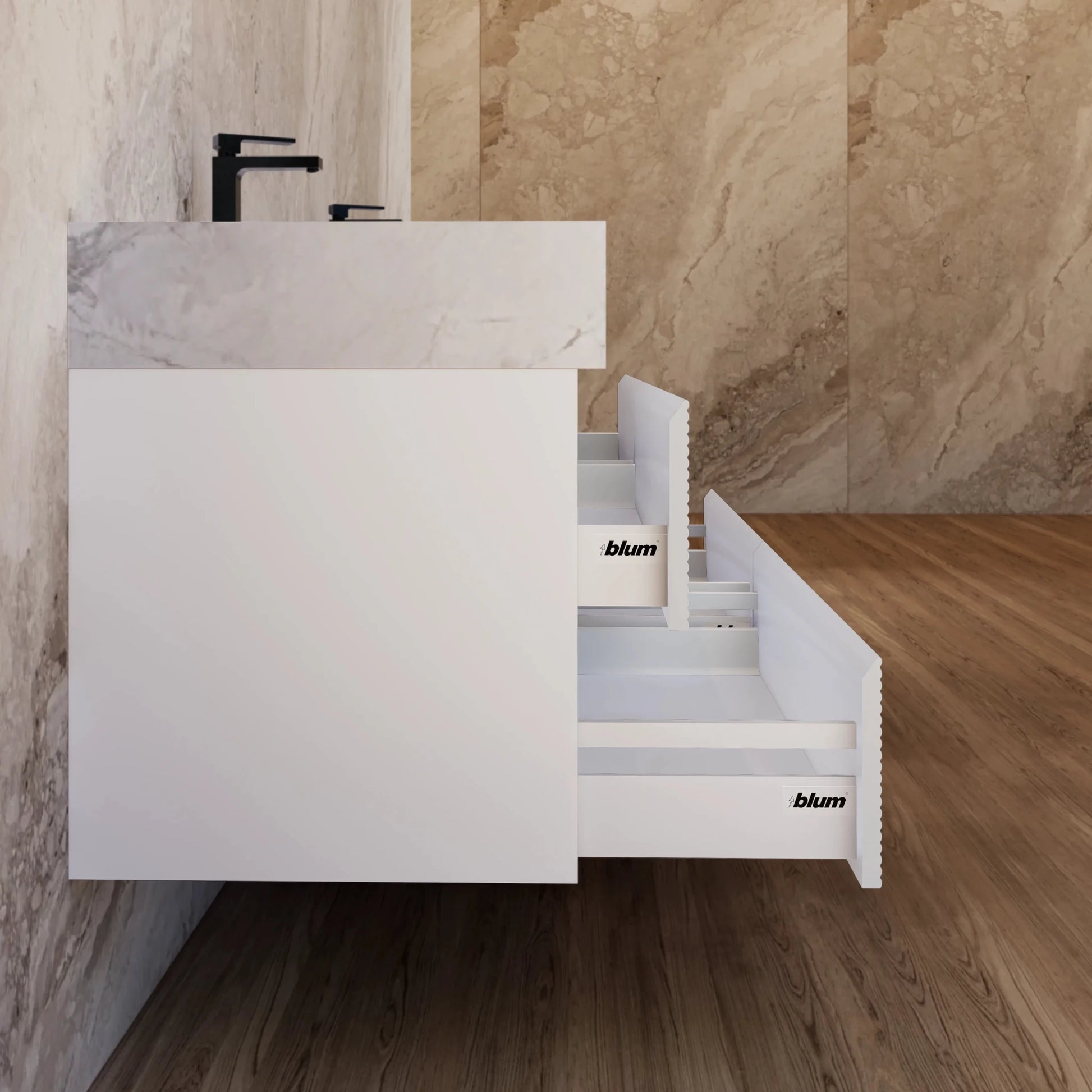 60" White Fluted Floating Vanity with Seamless Stone Double Sink - VanityIce Grey