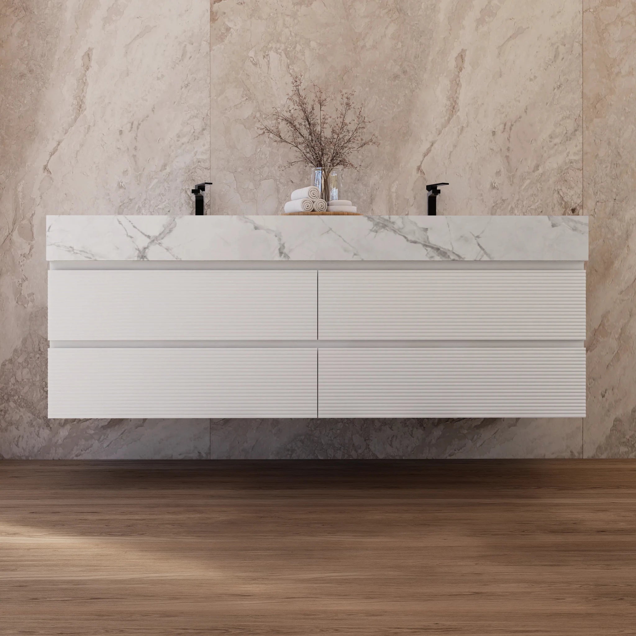 60" White Fluted Floating Vanity with Seamless Stone Double Sink - VanityIce Grey
