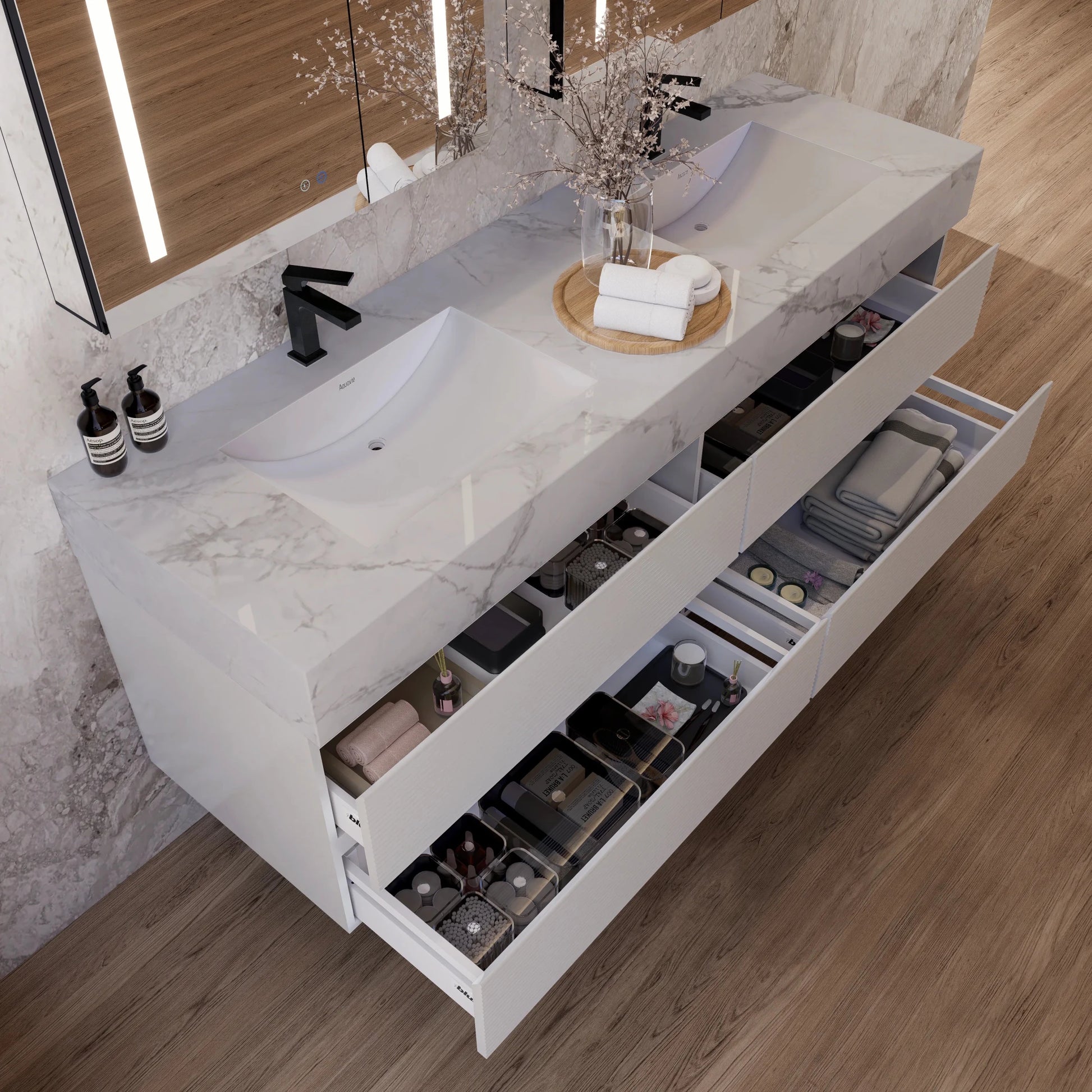 60" White Fluted Floating Vanity with Seamless Stone Double Sink - VanityIce Grey