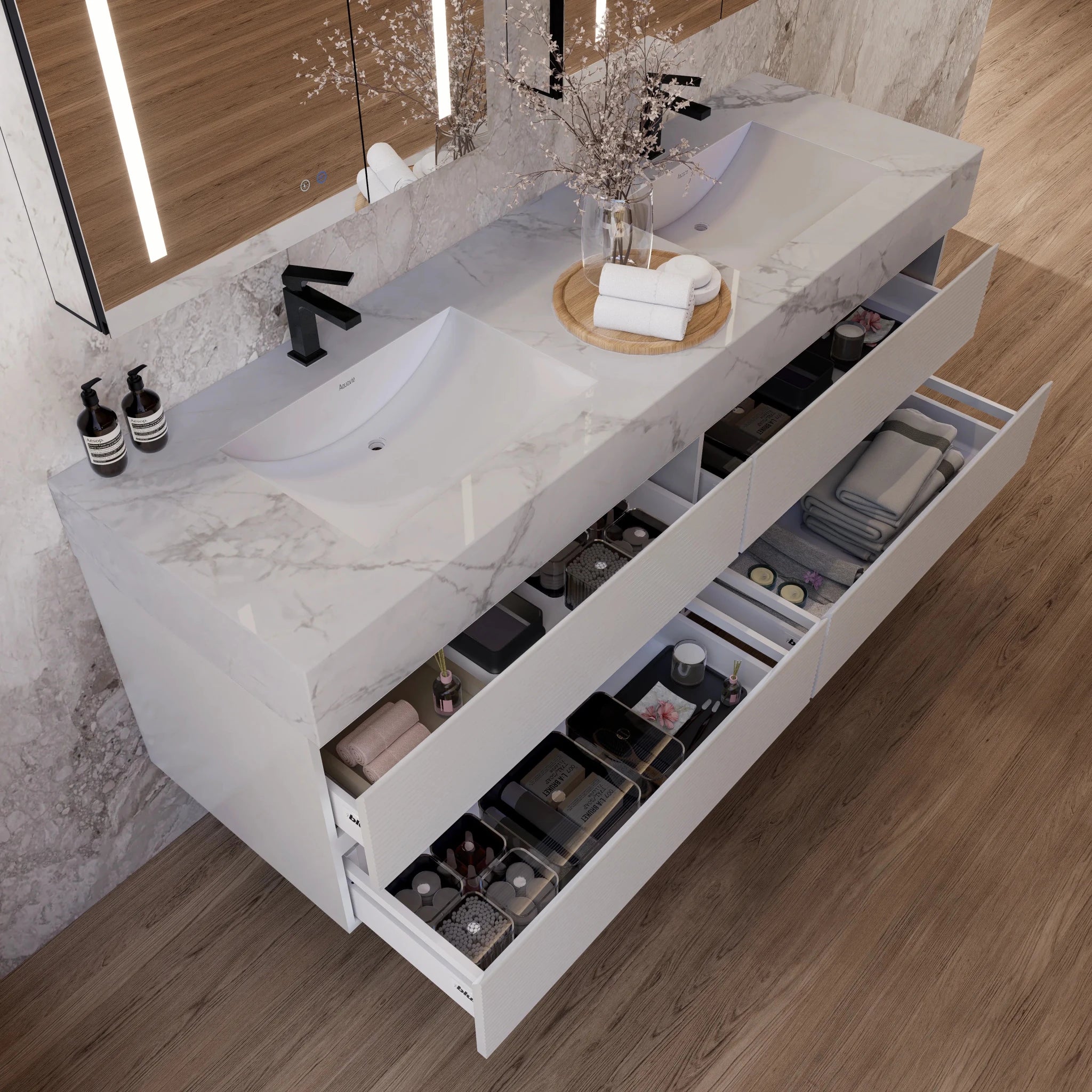 60" White Fluted Floating Vanity with Seamless Stone Double Sink - VanityIce Grey