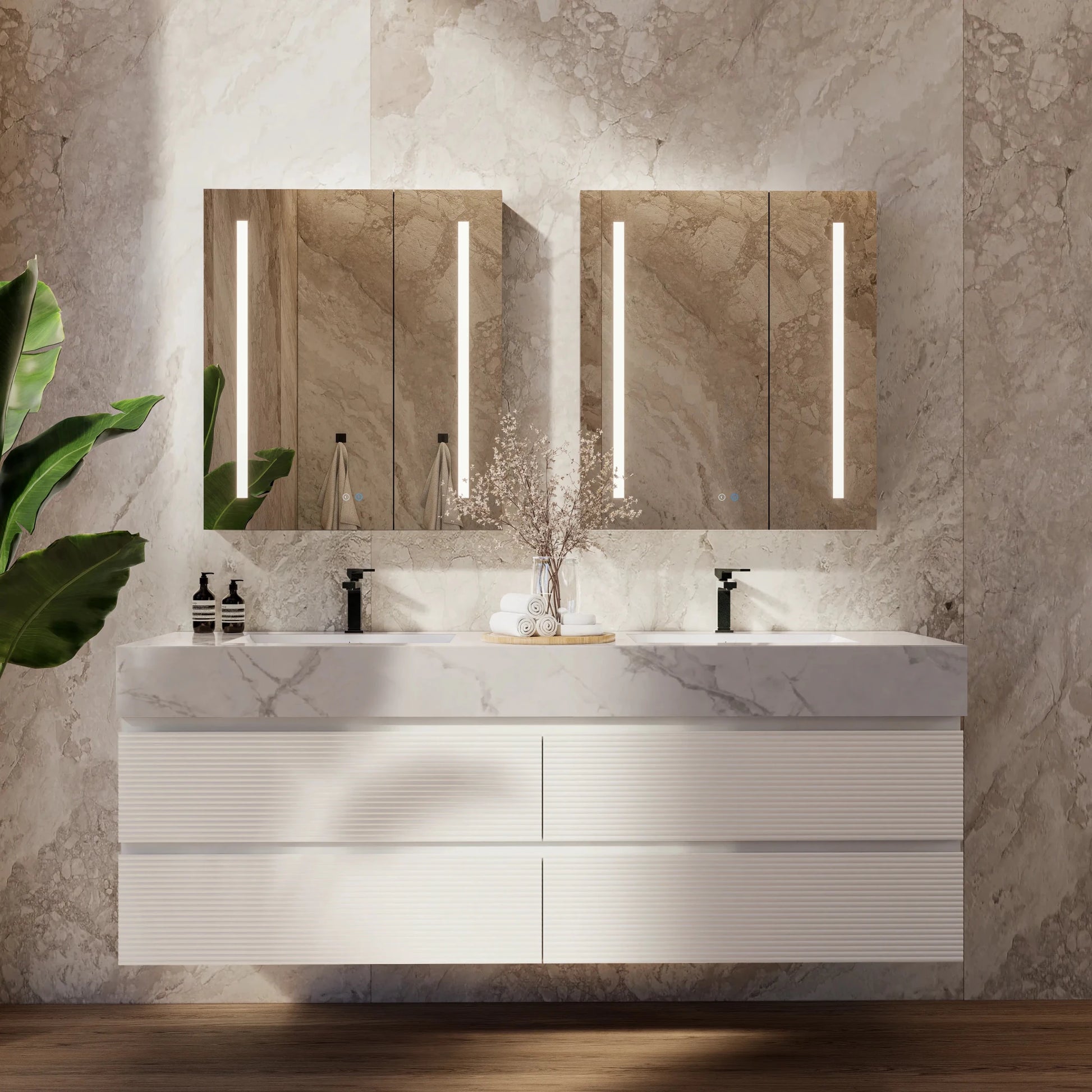 60" White Fluted Floating Vanity with Seamless Stone Double Sink - VanityIce Grey