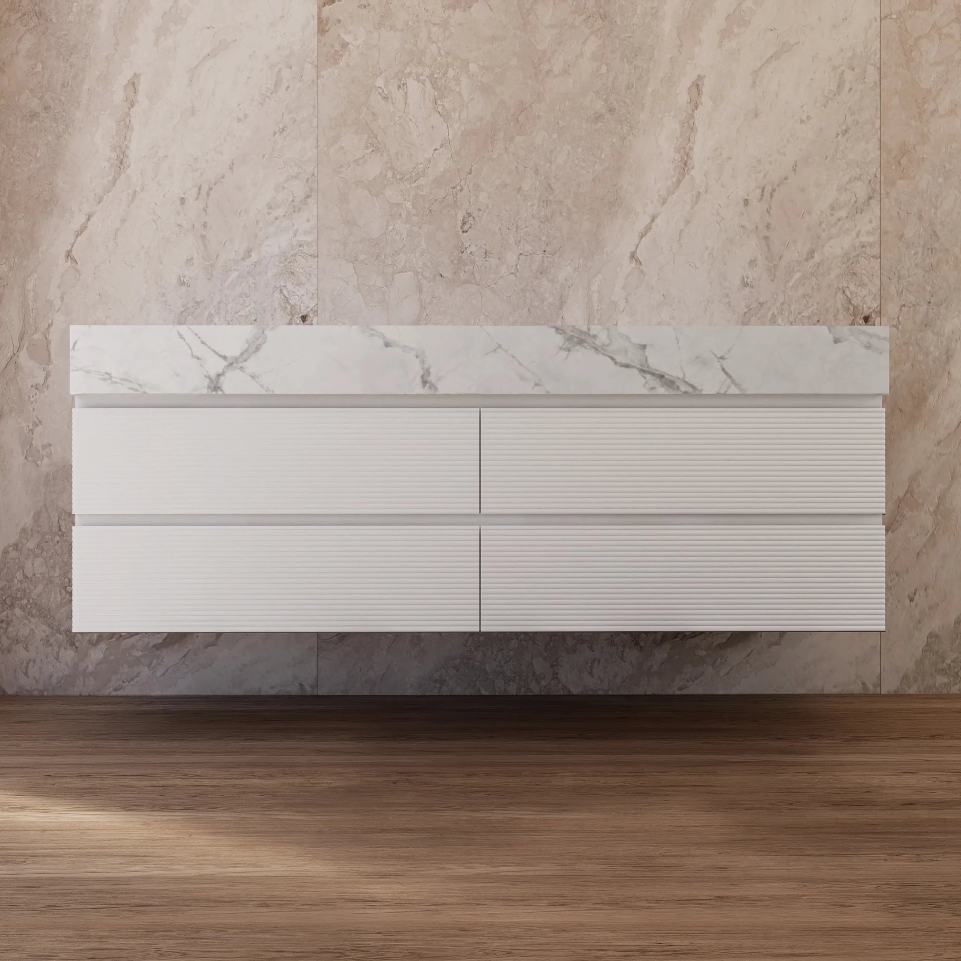 60" White Fluted Floating Vanity with Seamless Stone Double Sink - VanityIce Grey