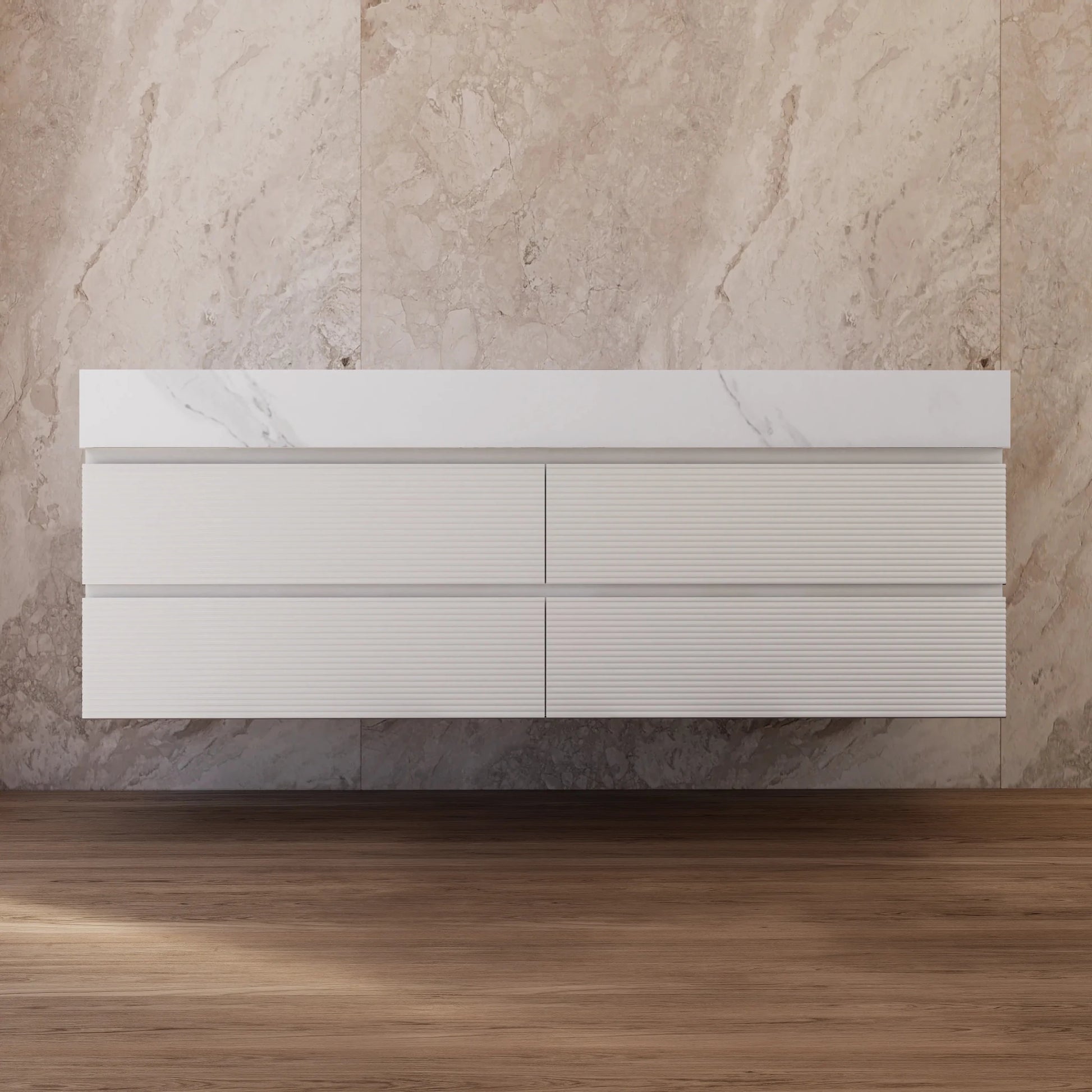 60" White Fluted Floating Vanity with Seamless Stone Double Sink - VanityWhite Carrara