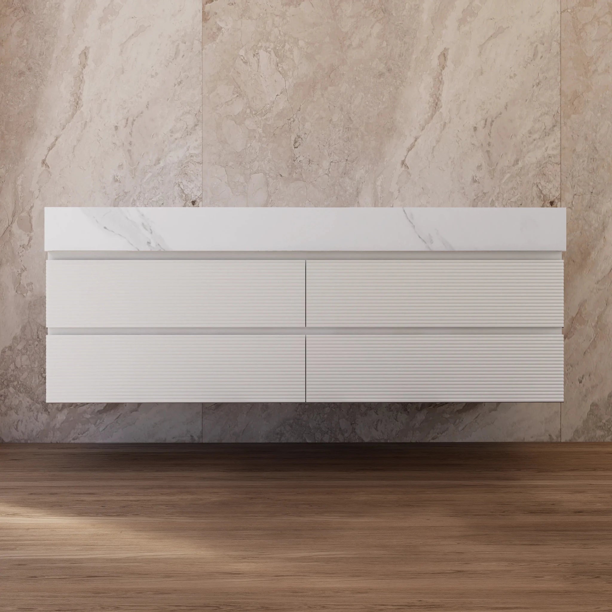 60" White Fluted Floating Vanity with Seamless Stone Double Sink - VanityWhite Carrara