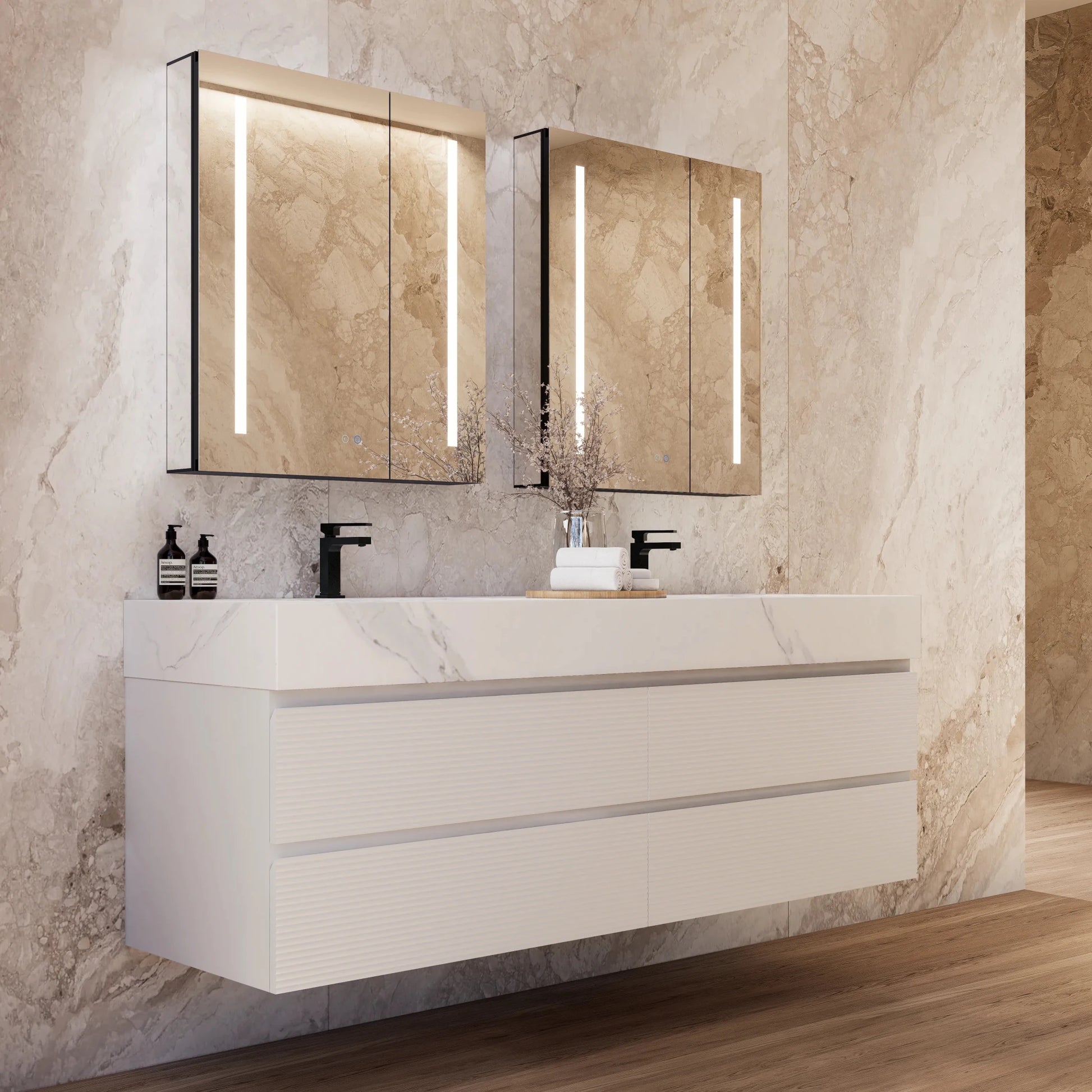60" White Fluted Floating Vanity with Seamless Stone Double Sink - VanityWhite Carrara