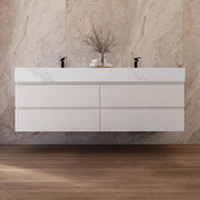 60" White Fluted Floating Vanity with Seamless Stone Double Sink - VanityWhite Carrara