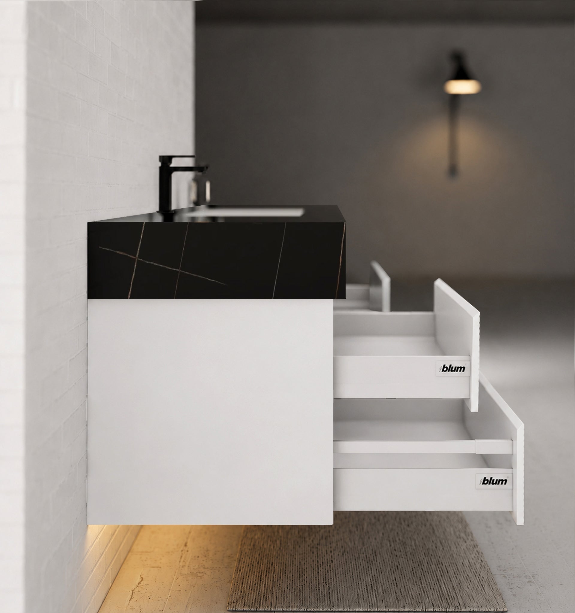 60” White Modern Floating Bathroom Vanity 4 Drawers– Single Basin -VanityBlack Marquina Gold Veins