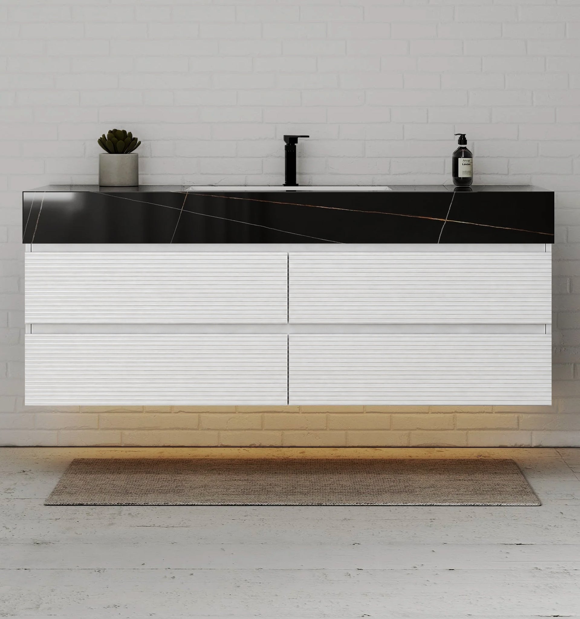 60” White Modern Floating Bathroom Vanity 4 Drawers– Single Basin -VanityBlack Marquina Gold Veins