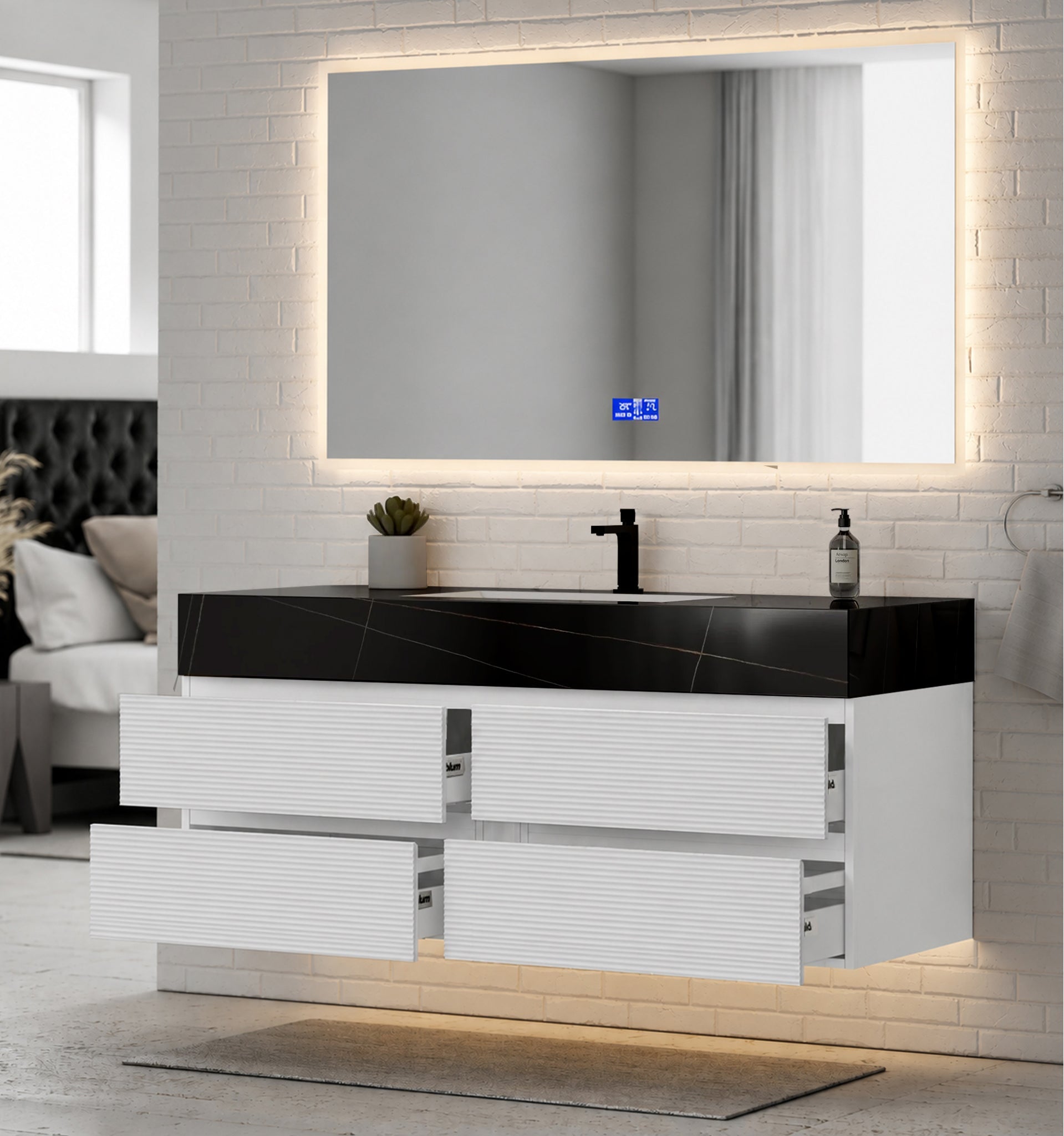 60” White Modern Floating Bathroom Vanity 4 Drawers– Single Basin -VanityBlack Marquina Gold Veins