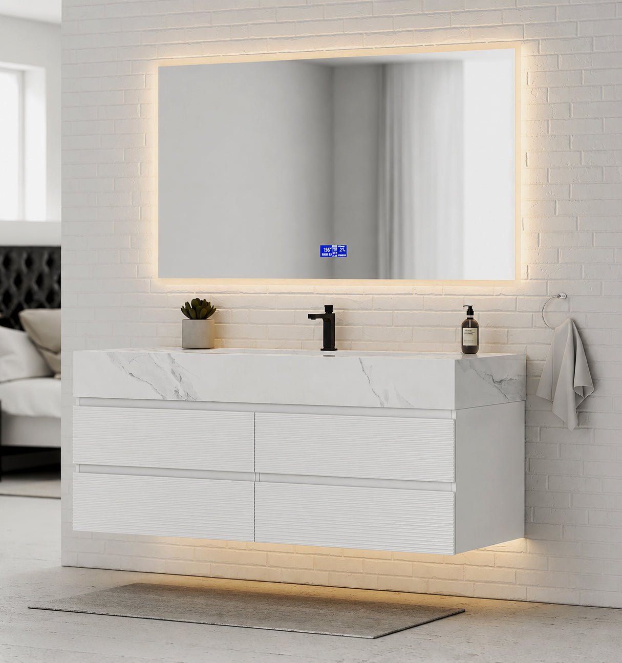 60” White Modern Floating Bathroom Vanity 4 Drawers– Single Basin -VanityWhite Carrara
