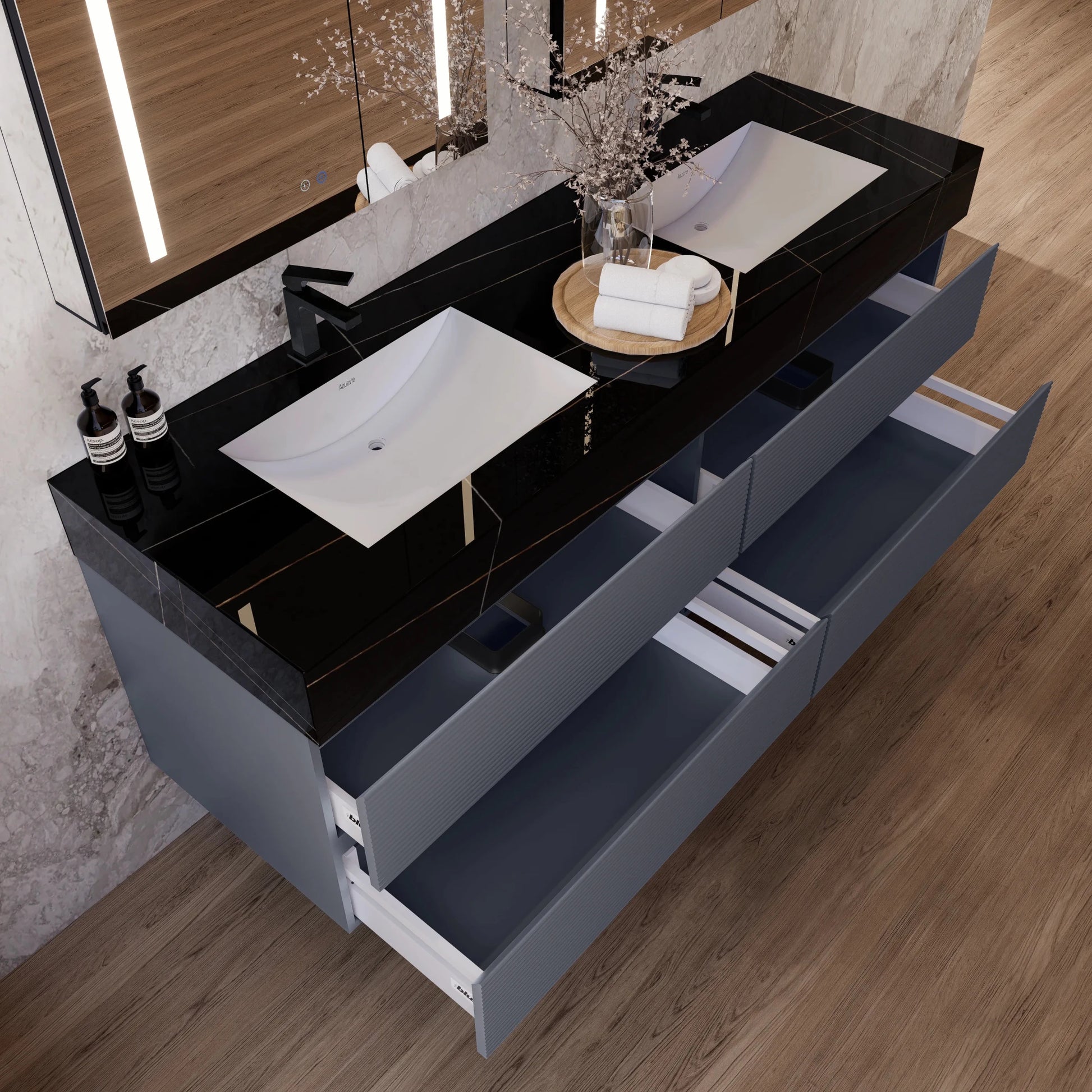 60"/71" Dark Grey Fluted Floating Vanity with Seamless Stone Double Sink - VanityBlack Marquina Gold Veins