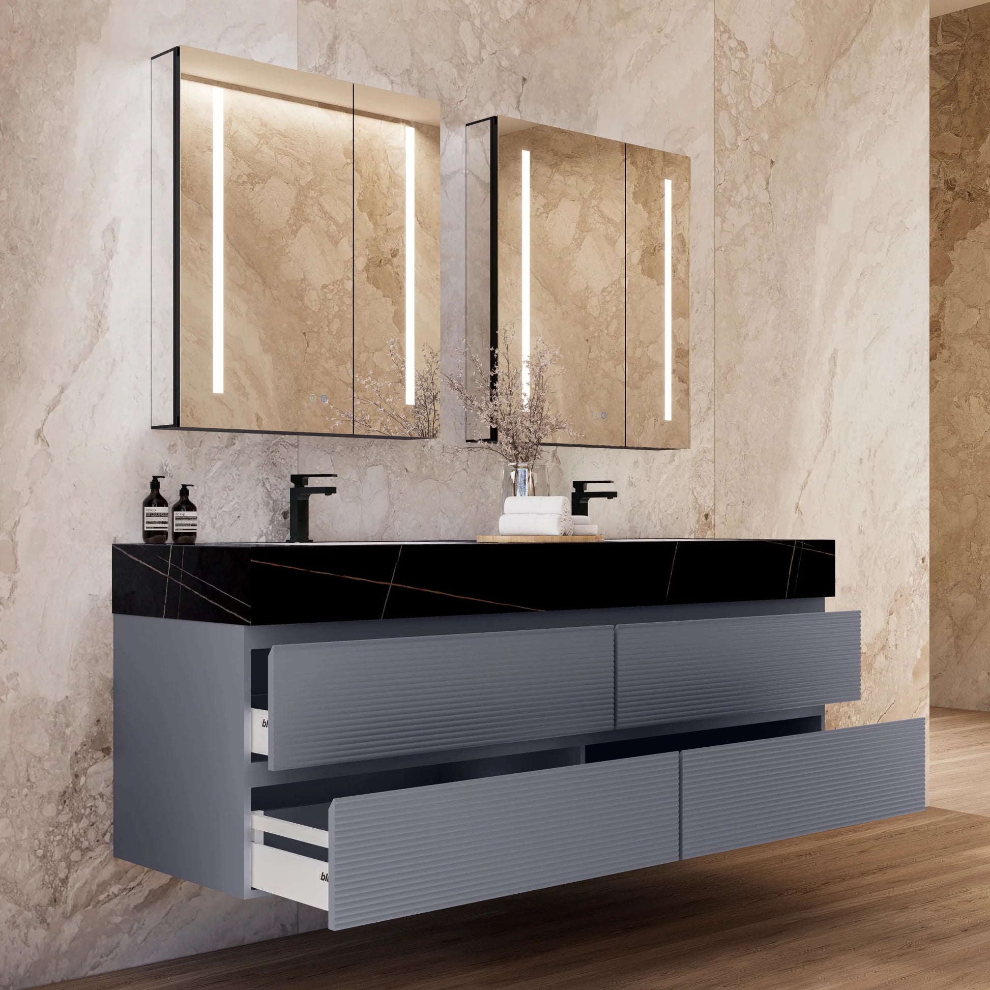 60"/71" Dark Grey Fluted Floating Vanity with Seamless Stone Double Sink - VanityBlack Marquina Gold Veins