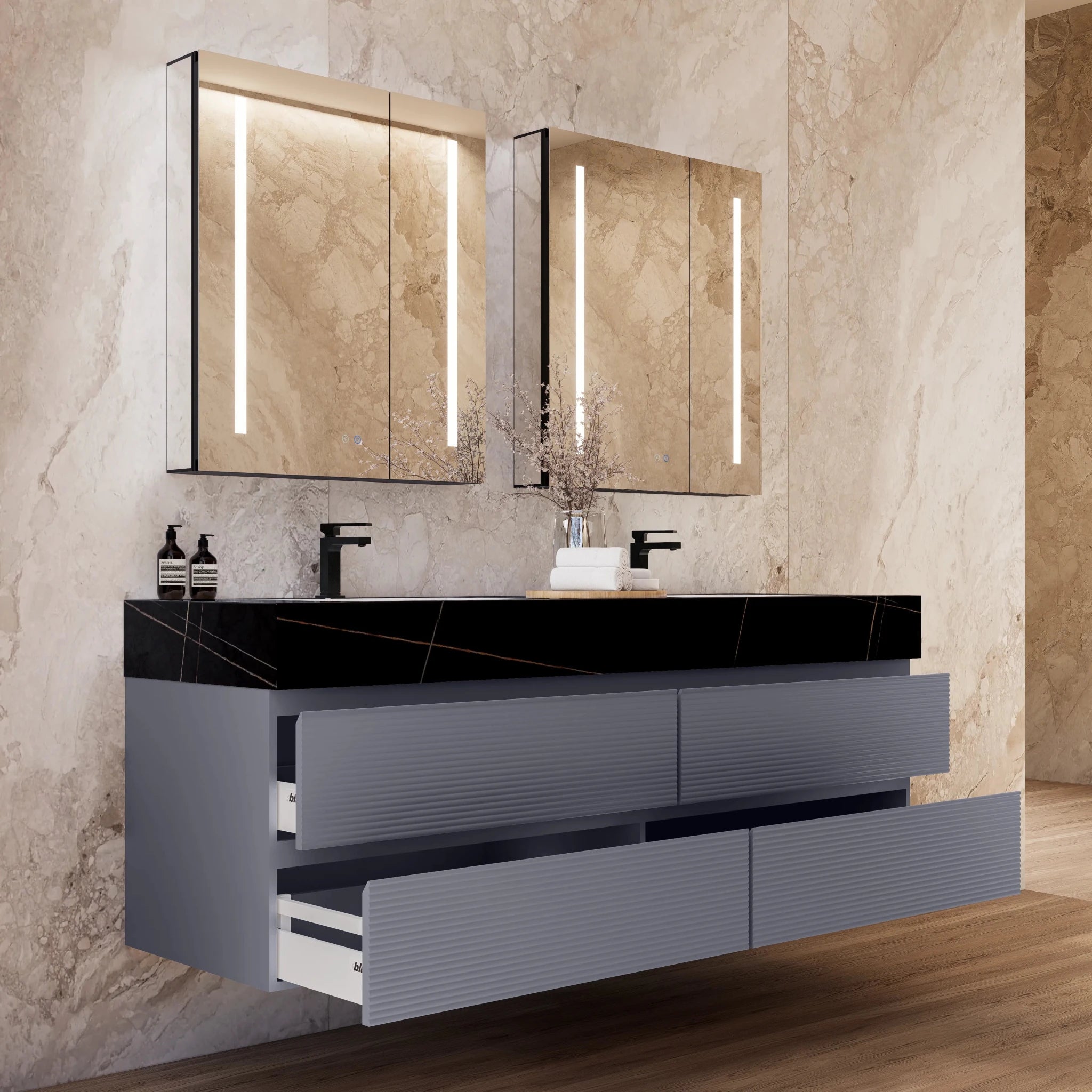60"/71" Dark Grey Fluted Floating Vanity with Seamless Stone Double Sink - VanityBlack Marquina Gold Veins