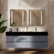 60"/71" Dark Grey Fluted Floating Vanity with Seamless Stone Double Sink - VanityBlack Marquina Gold Veins