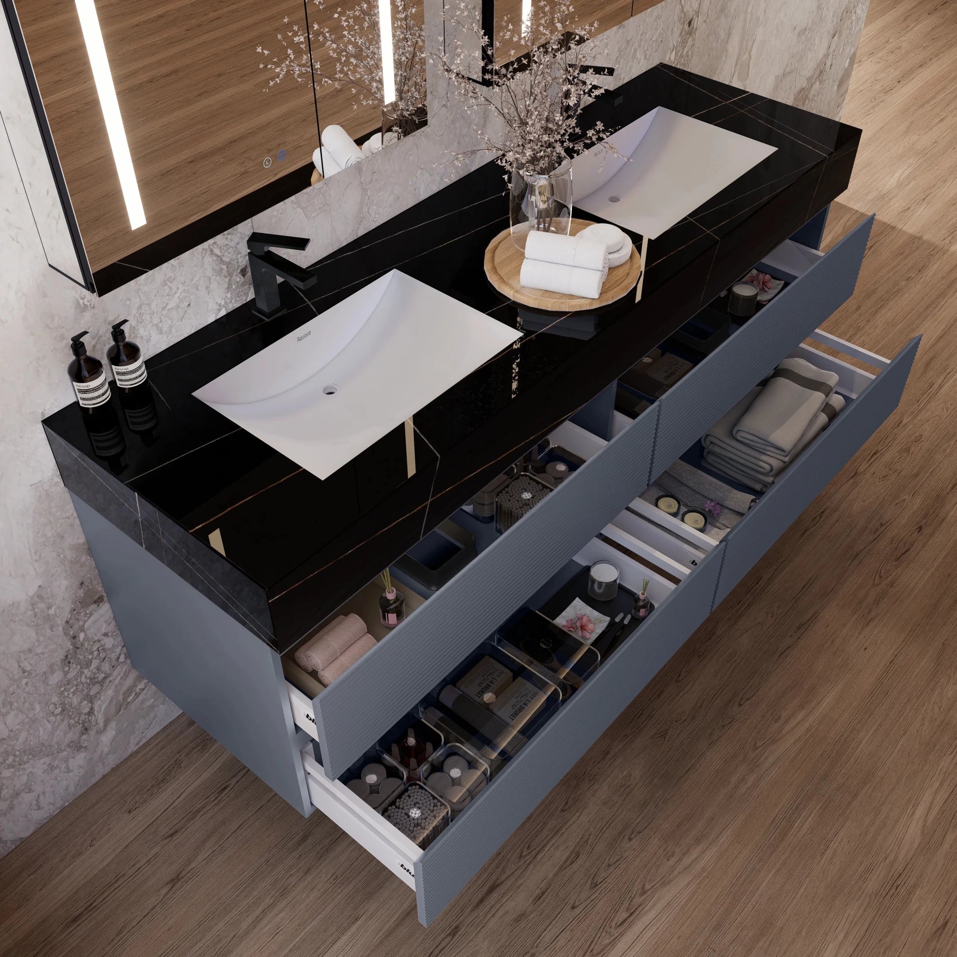 60"/71" Dark Grey Fluted Floating Vanity with Seamless Stone Double Sink - VanityBlack Marquina Gold Veins