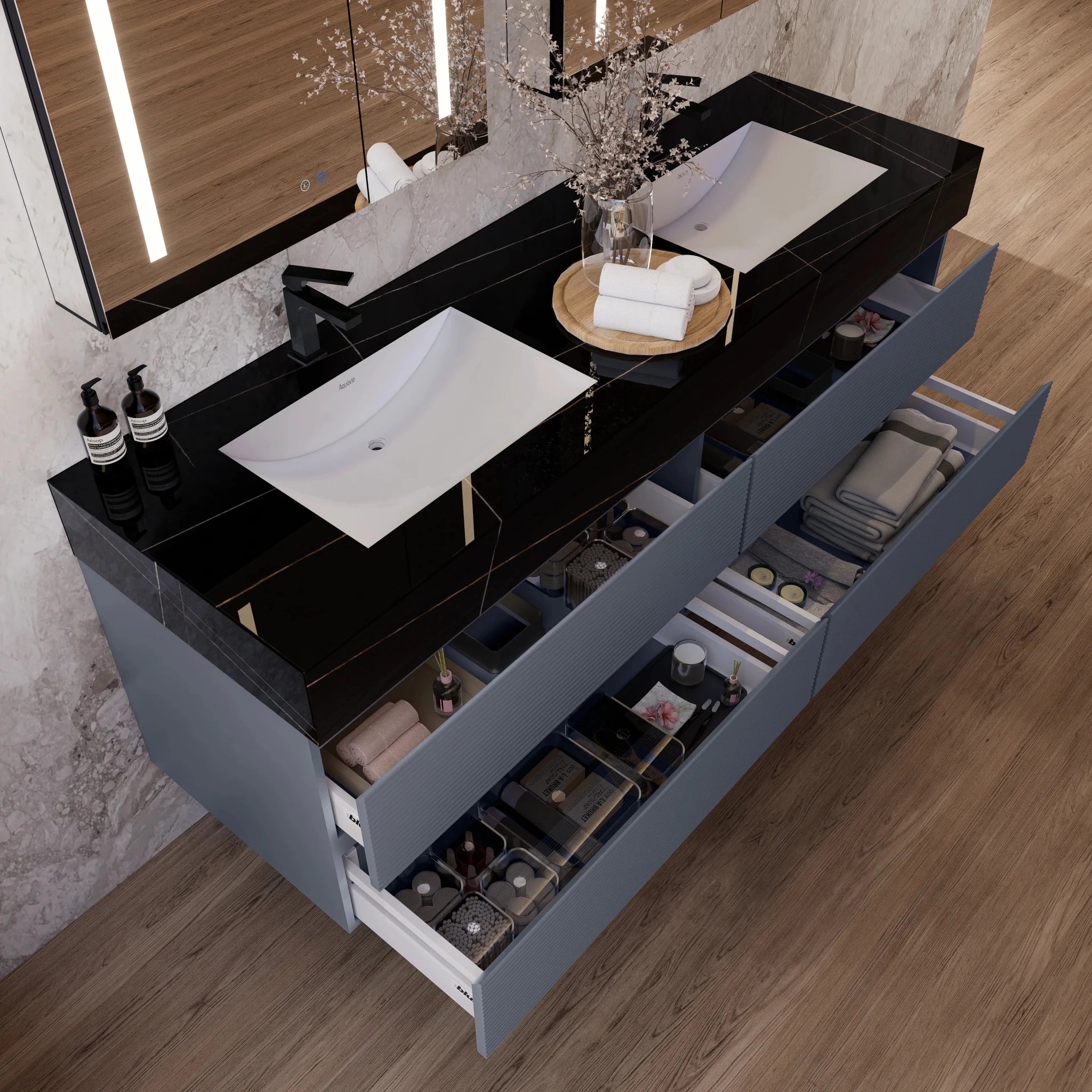 60"/71" Dark Grey Fluted Floating Vanity with Seamless Stone Double Sink - VanityBlack Marquina Gold Veins