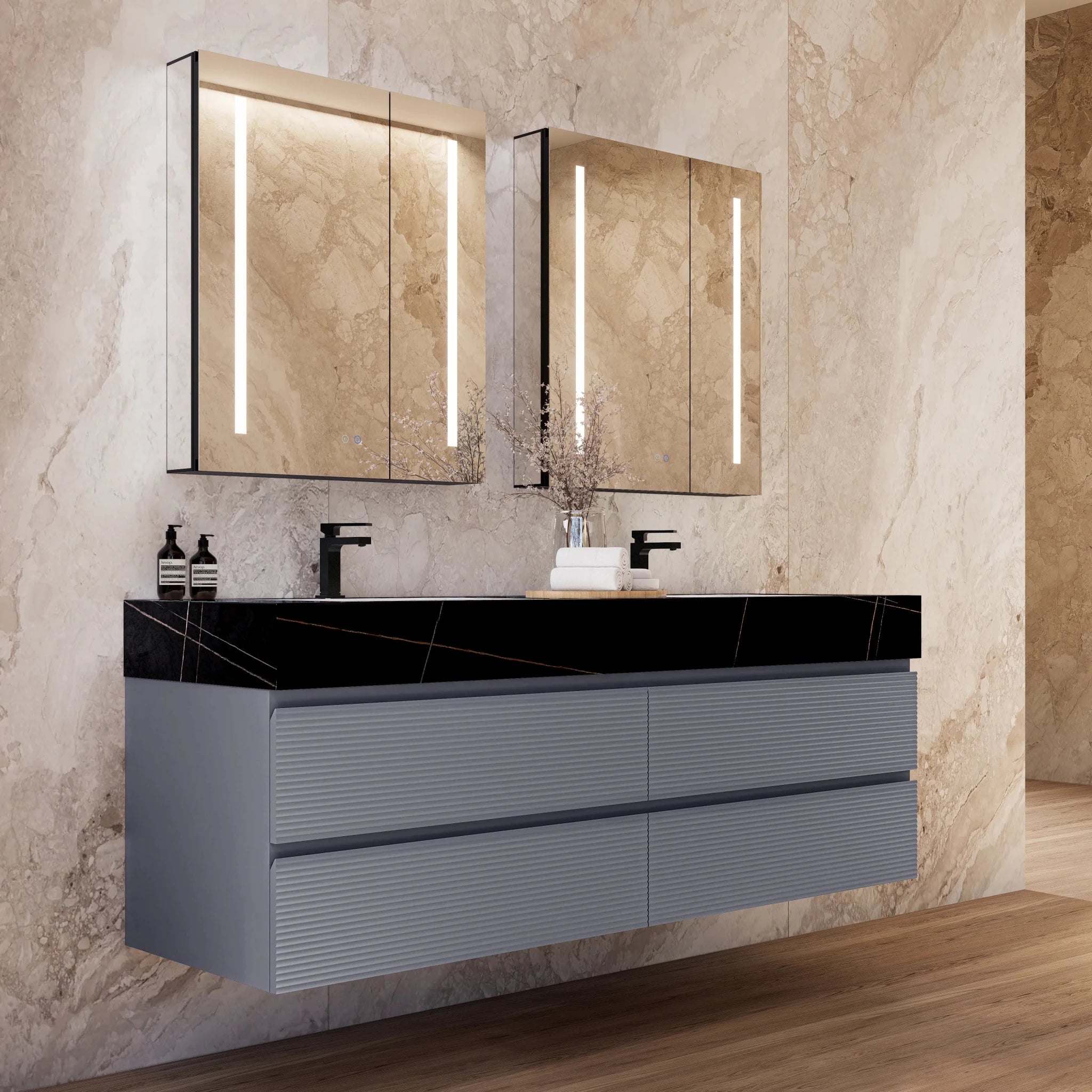 60"/71" Dark Grey Fluted Floating Vanity with Seamless Stone Double Sink - VanityBlack Marquina Gold Veins