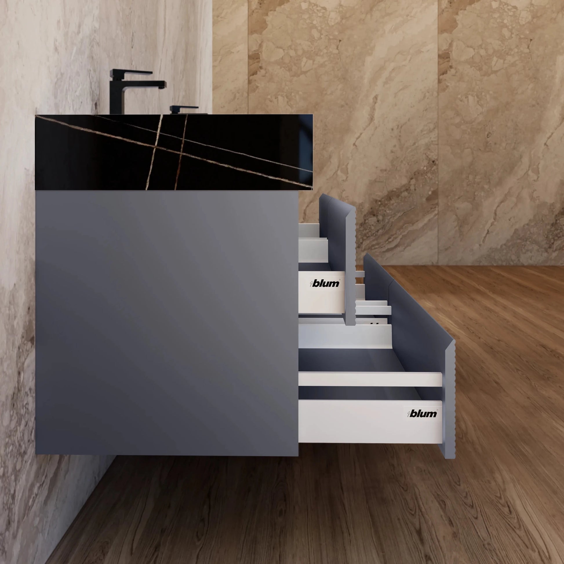 60"/71" Dark Grey Fluted Floating Vanity with Seamless Stone Double Sink - VanityBlack Marquina Gold Veins