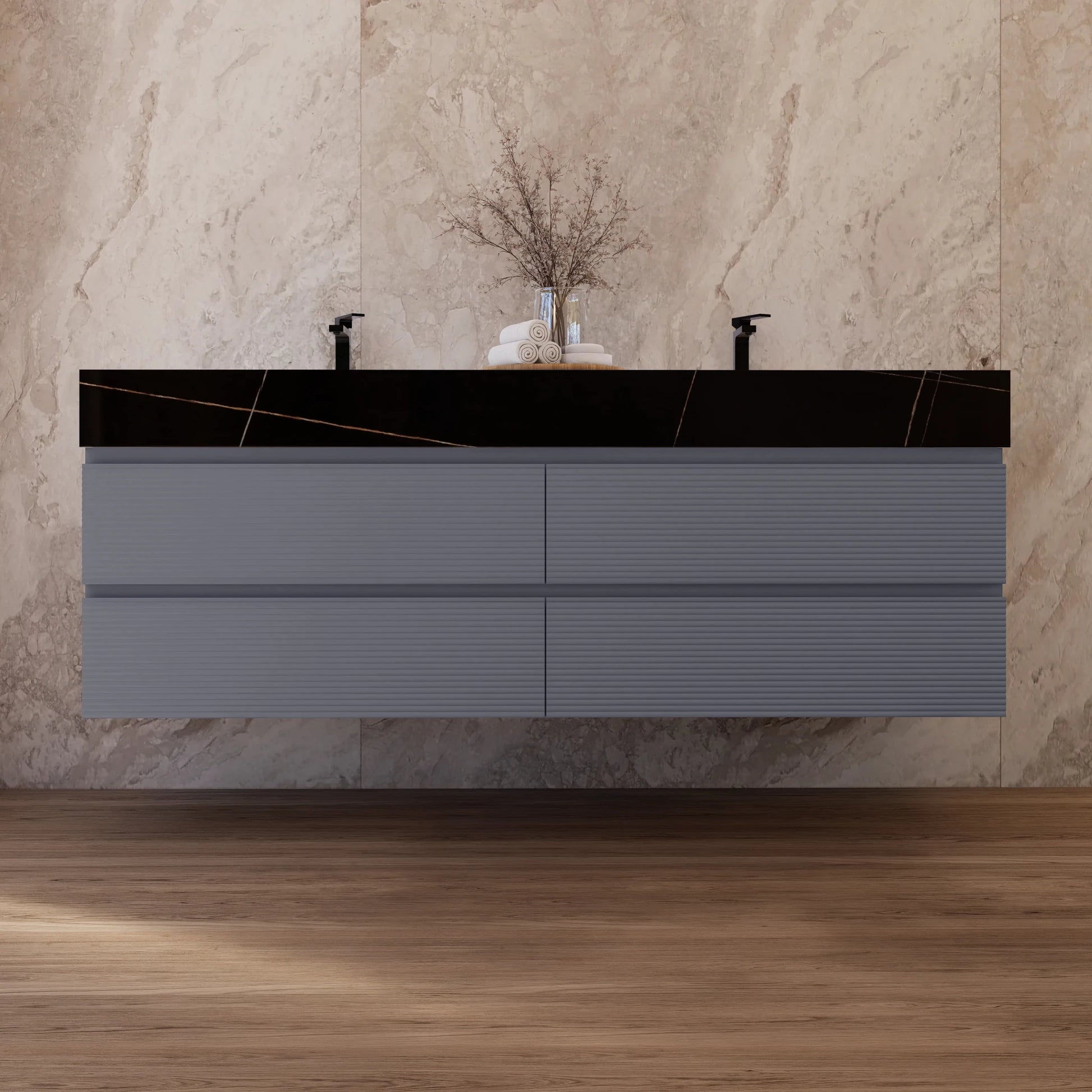 60"/71" Dark Grey Fluted Floating Vanity with Seamless Stone Double Sink - VanityBlack Marquina Gold Veins