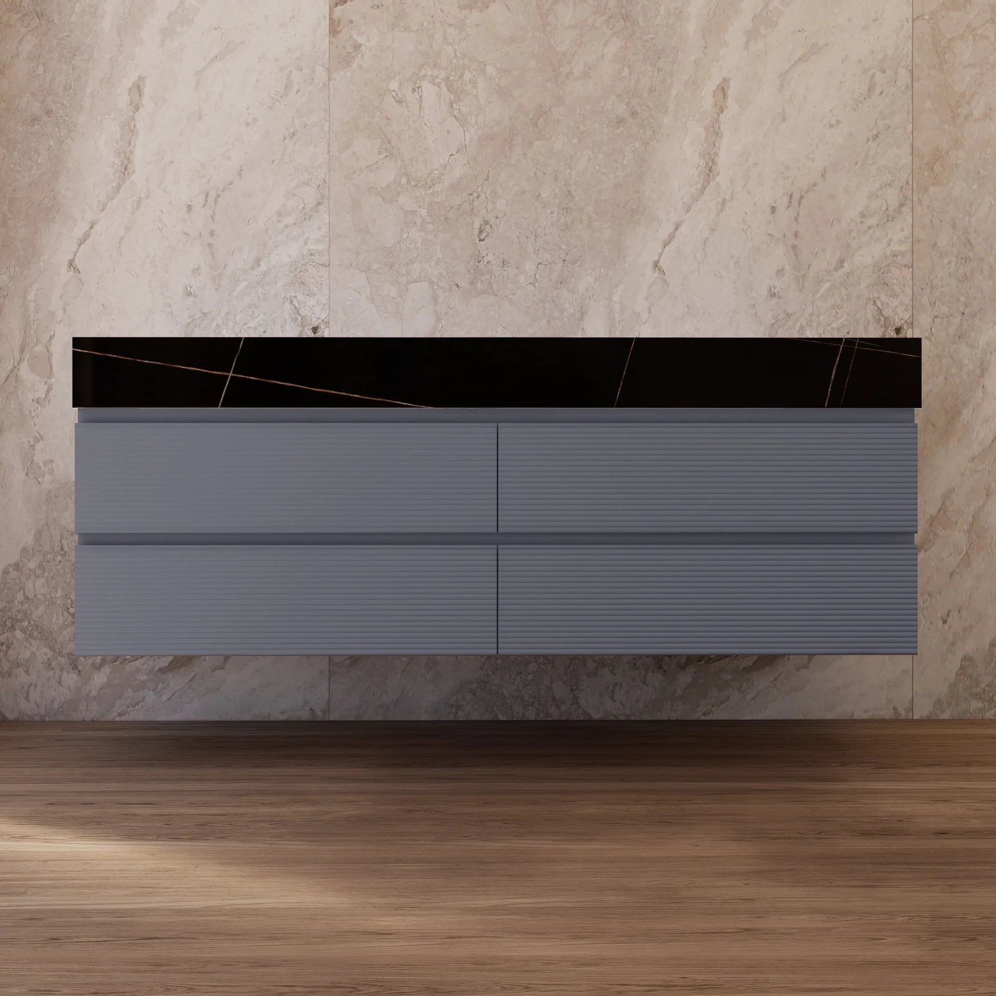 60"/71" Dark Grey Fluted Floating Vanity with Seamless Stone Double Sink - VanityBlack Marquina Gold Veins