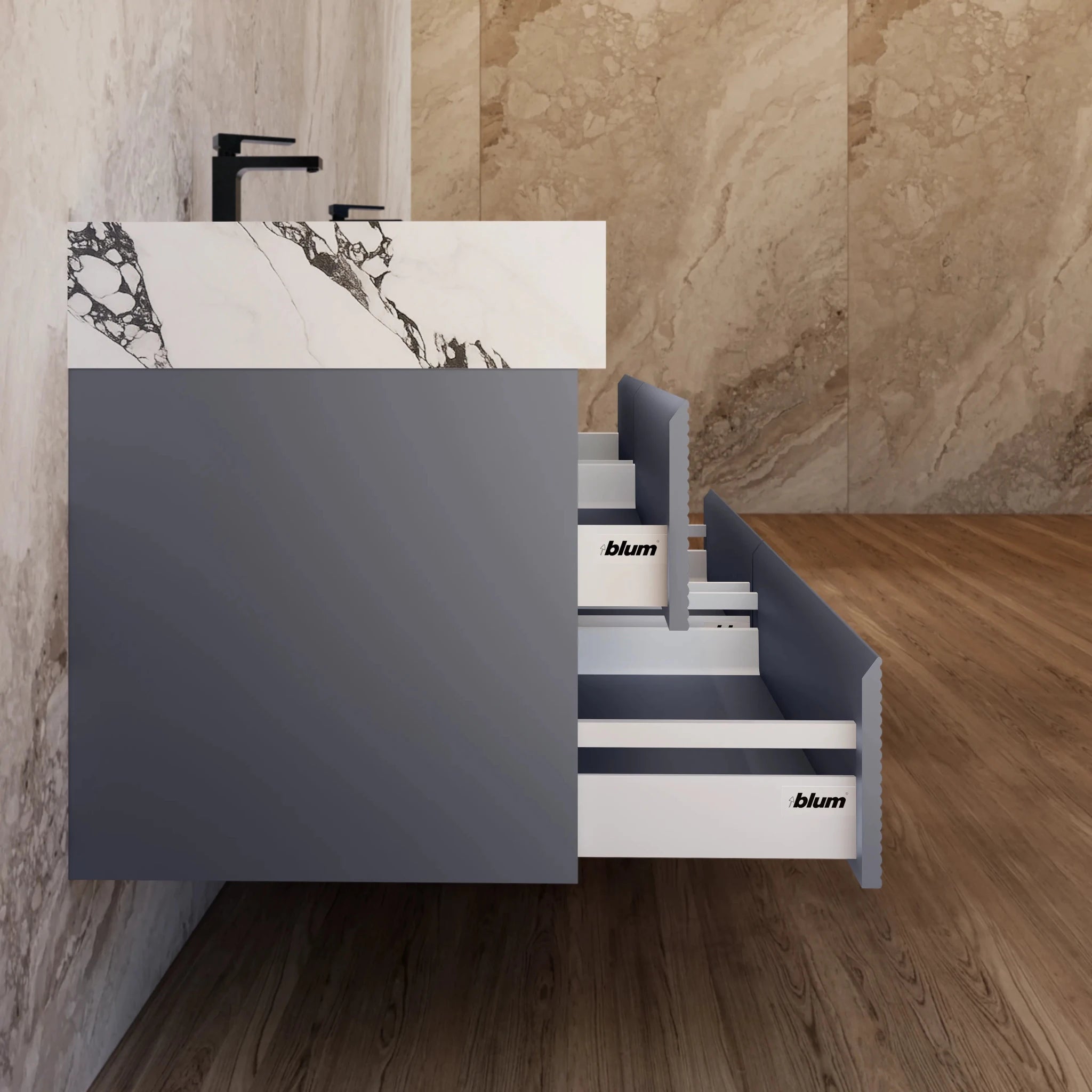 60"/71" Dark Grey Fluted Floating Vanity with Seamless Stone Double Sink - VanityCalacatta Black