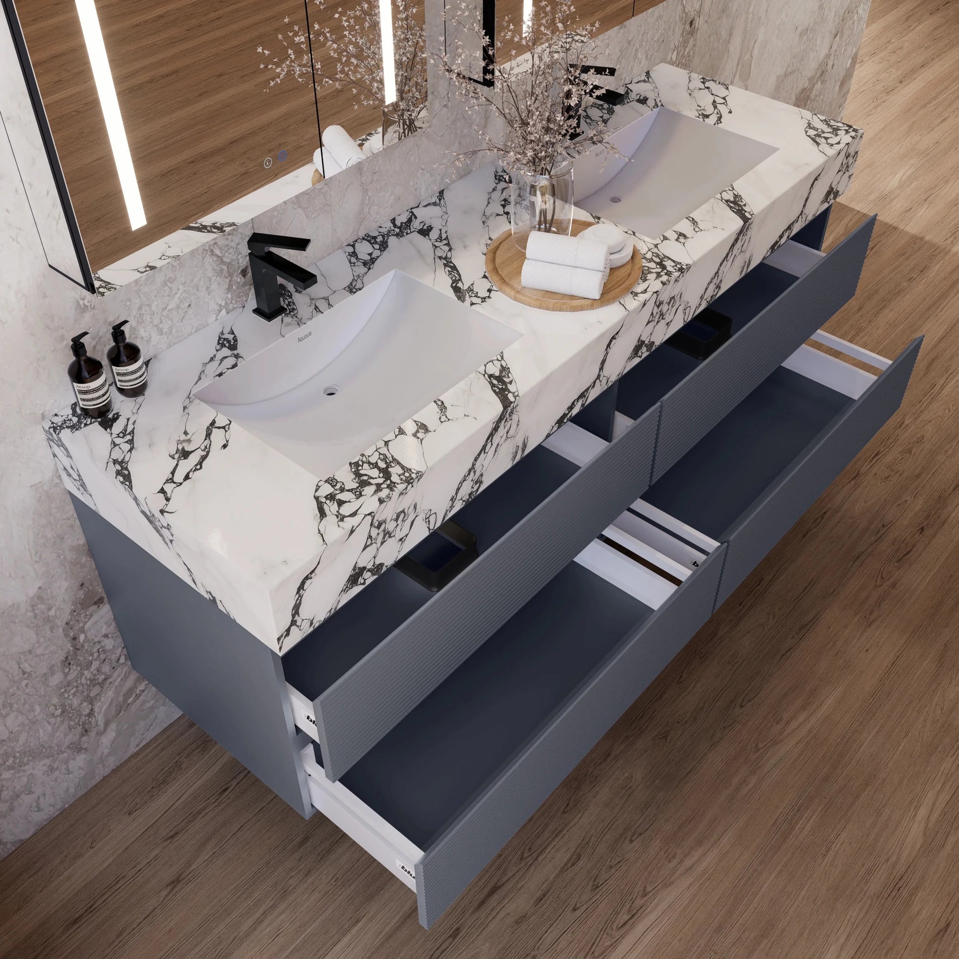 60"/71" Dark Grey Fluted Floating Vanity with Seamless Stone Double Sink - VanityCalacatta Black