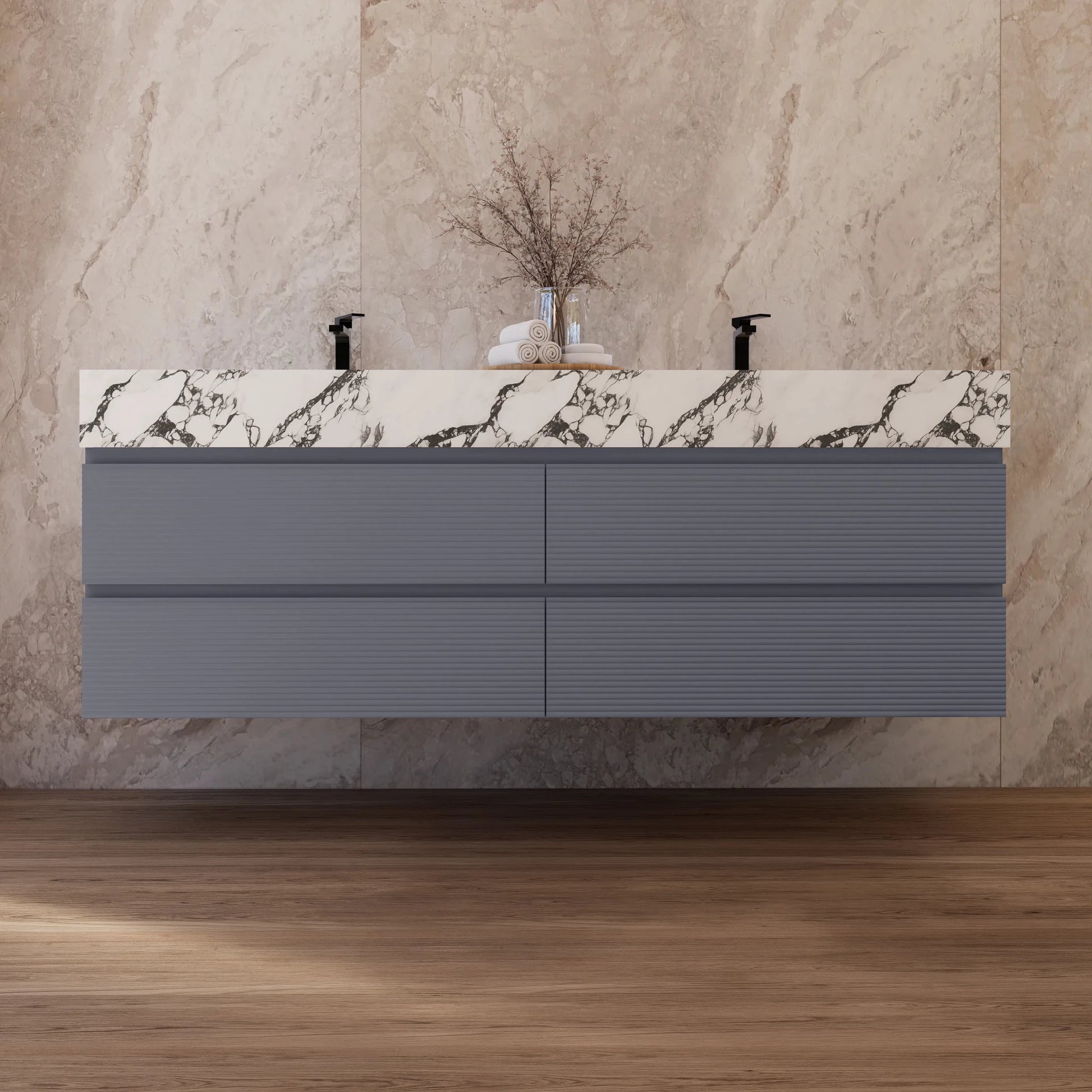 60"/71" Dark Grey Fluted Floating Vanity with Seamless Stone Double Sink - VanityCalacatta Black