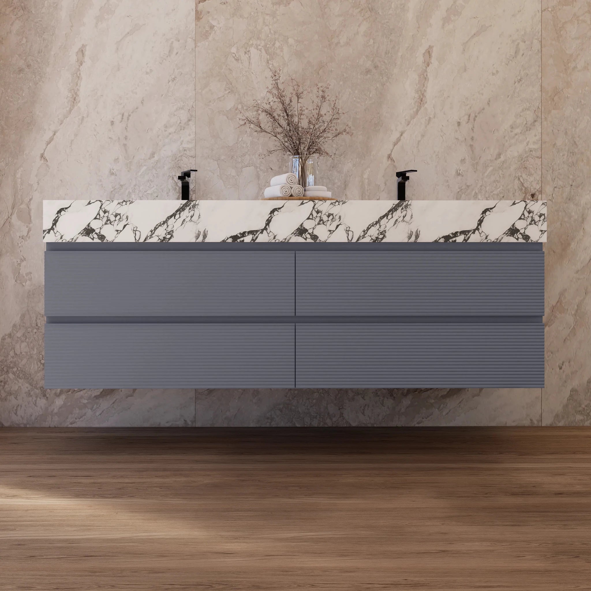 60"/71" Dark Grey Fluted Floating Vanity with Seamless Stone Double Sink - VanityCalacatta Black