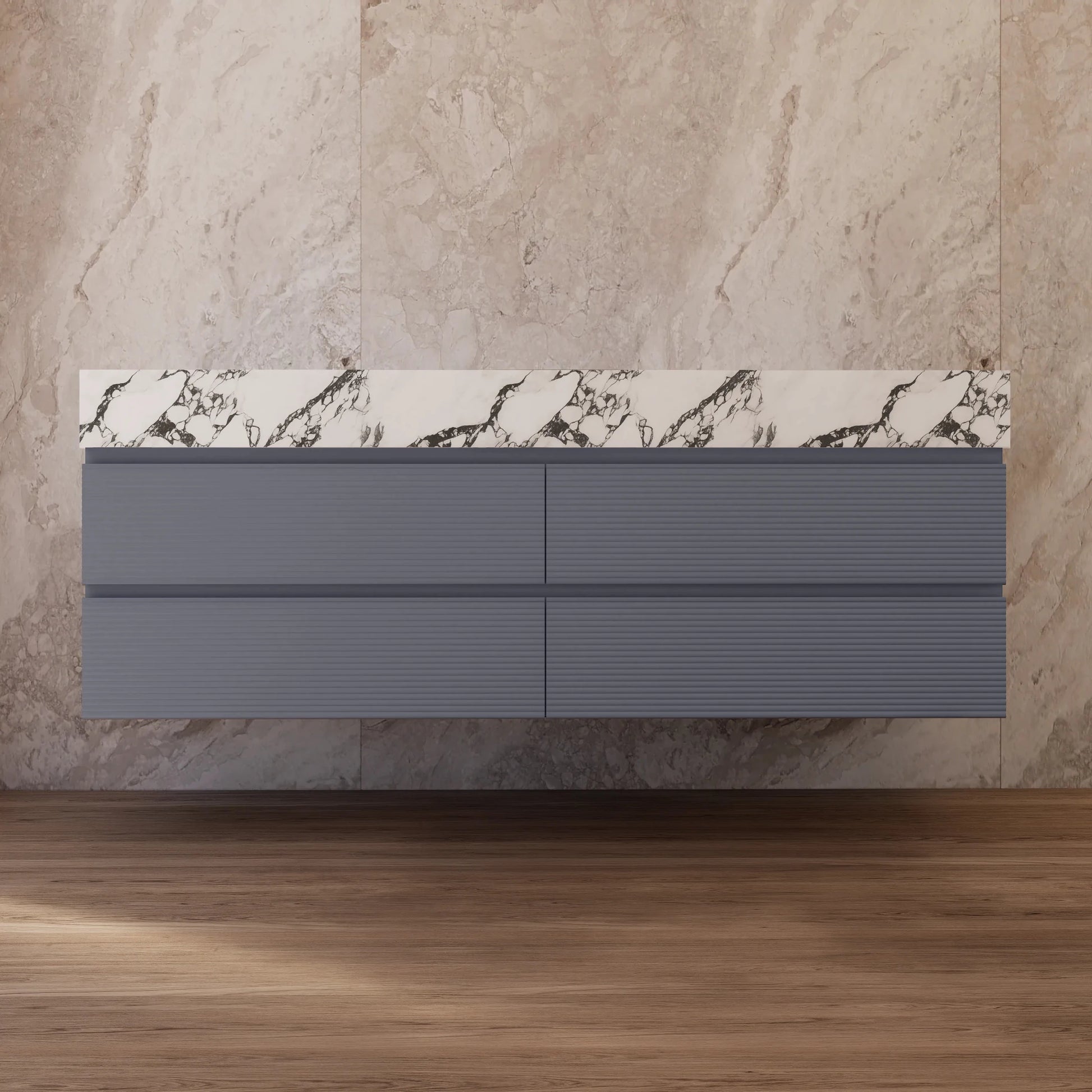 60"/71" Dark Grey Fluted Floating Vanity with Seamless Stone Double Sink - VanityCalacatta Black