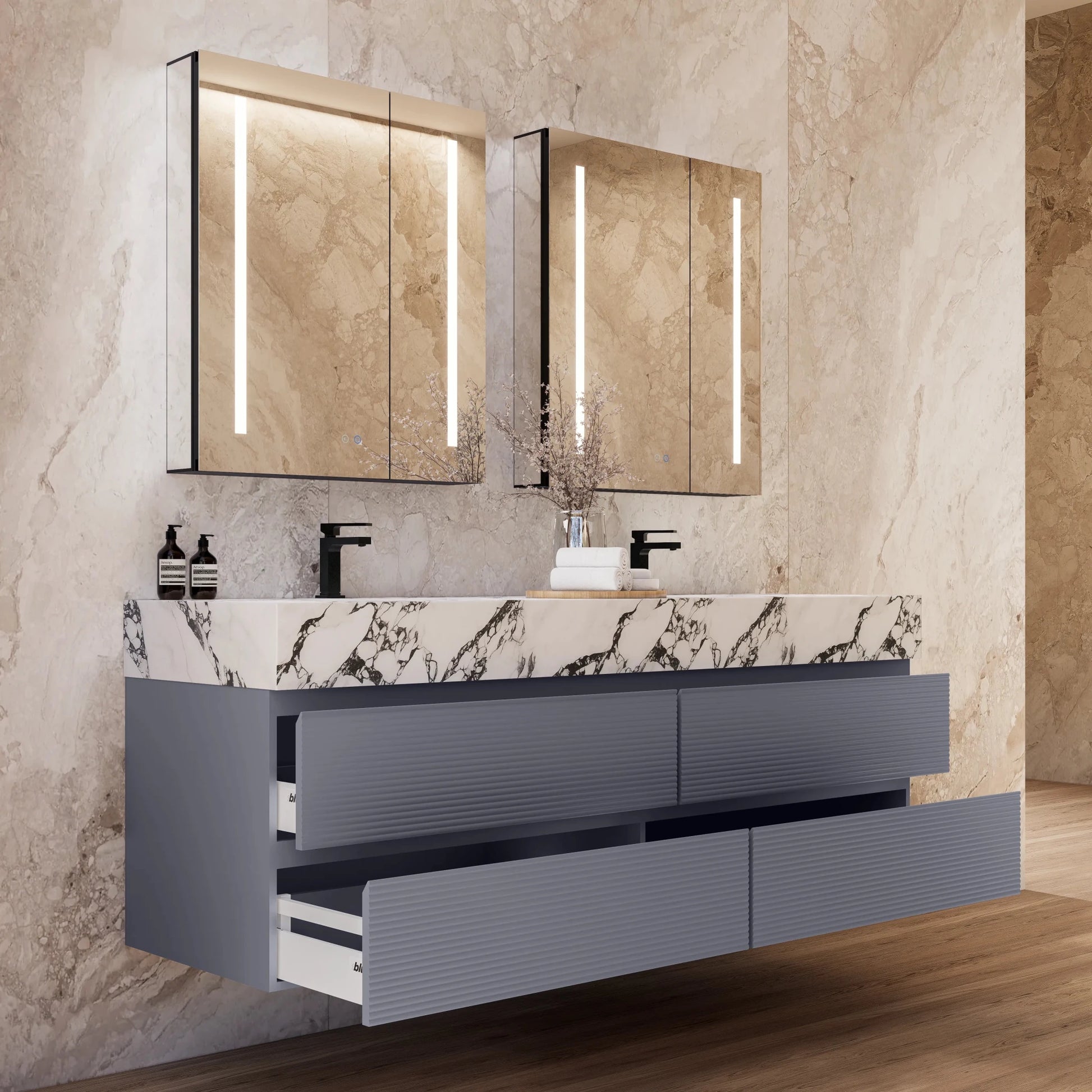 60"/71" Dark Grey Fluted Floating Vanity with Seamless Stone Double Sink - VanityCalacatta Black