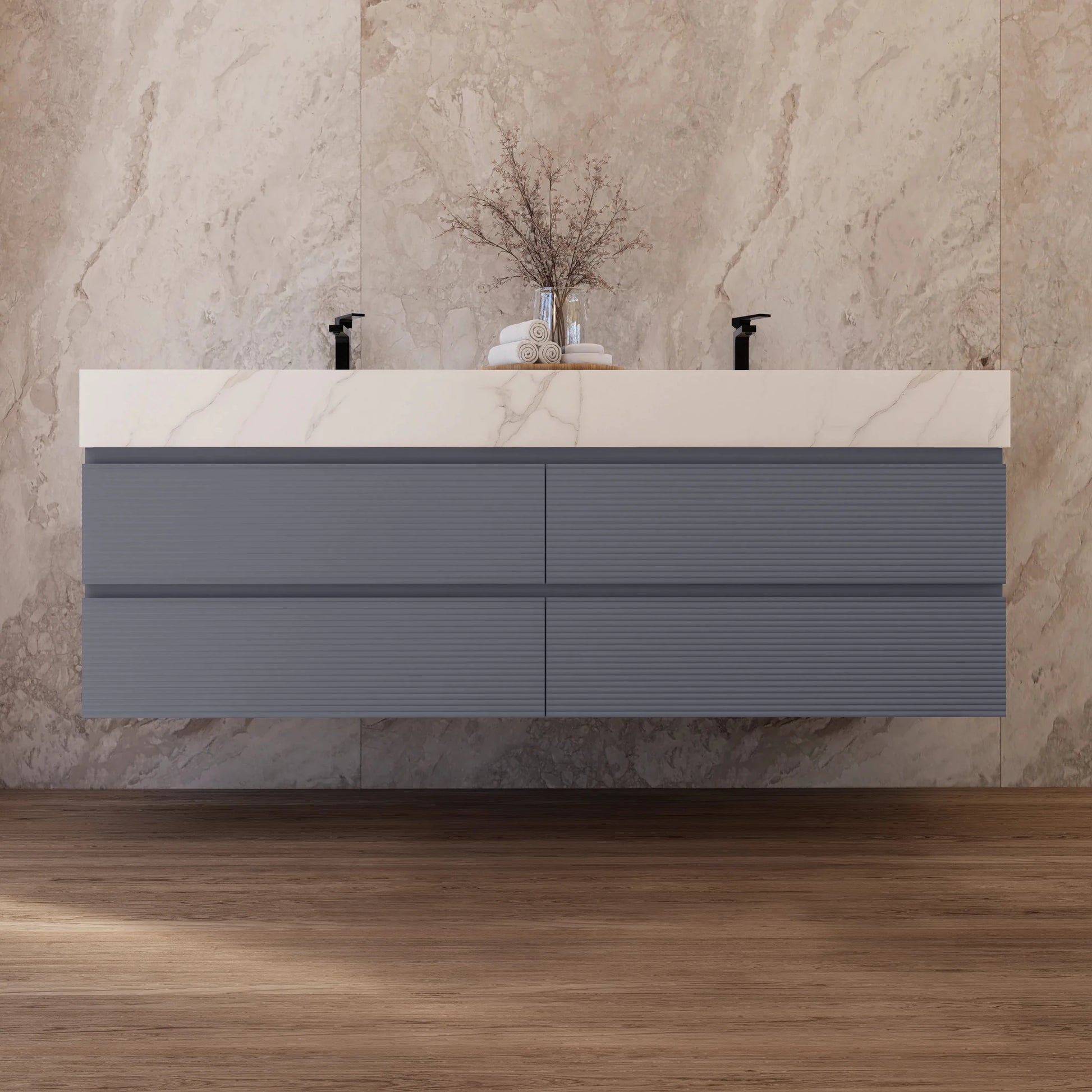 60"/71" Dark Grey Fluted Floating Vanity with Seamless Stone Double Sink - VanityCalacatta Gold