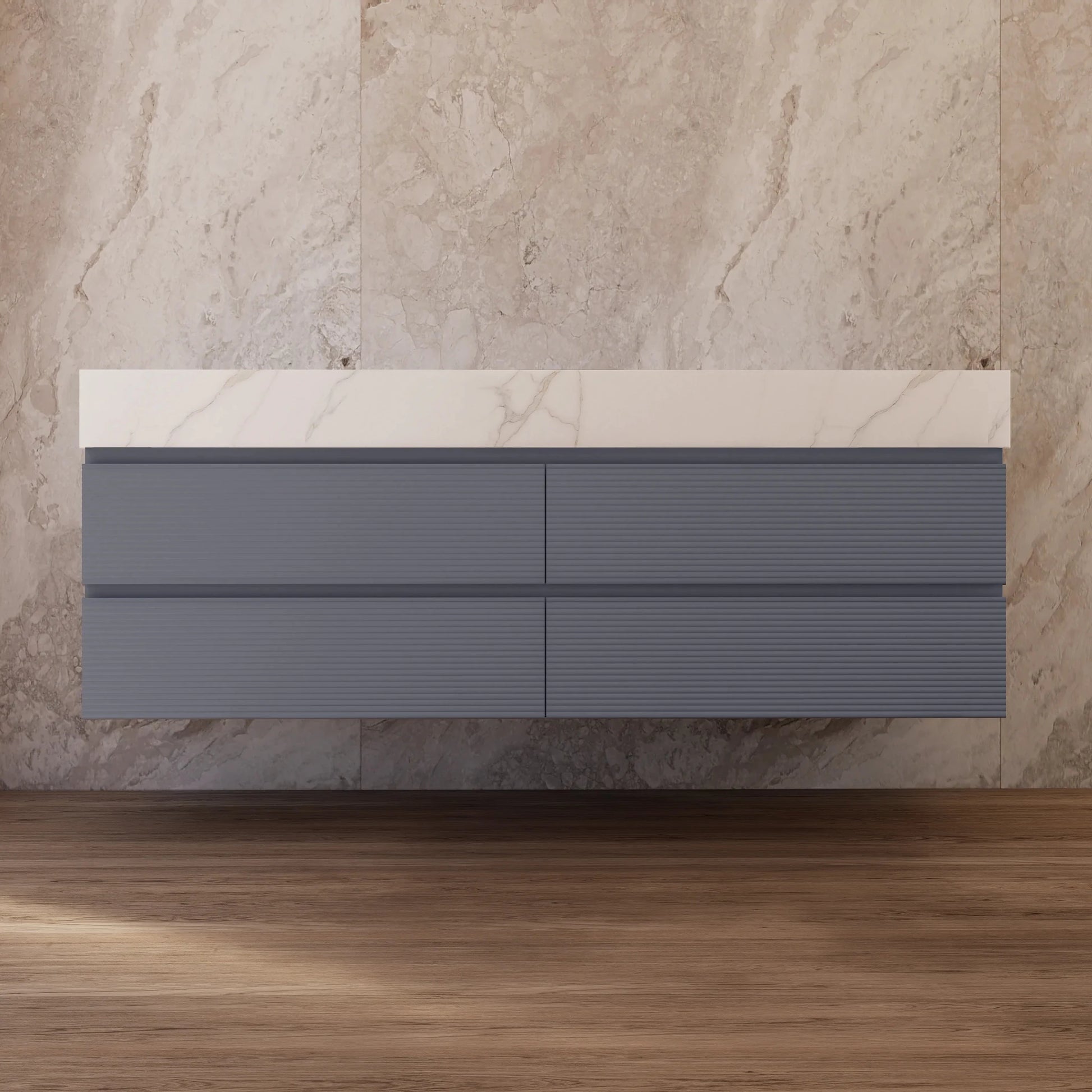 60"/71" Dark Grey Fluted Floating Vanity with Seamless Stone Double Sink - VanityCalacatta Gold