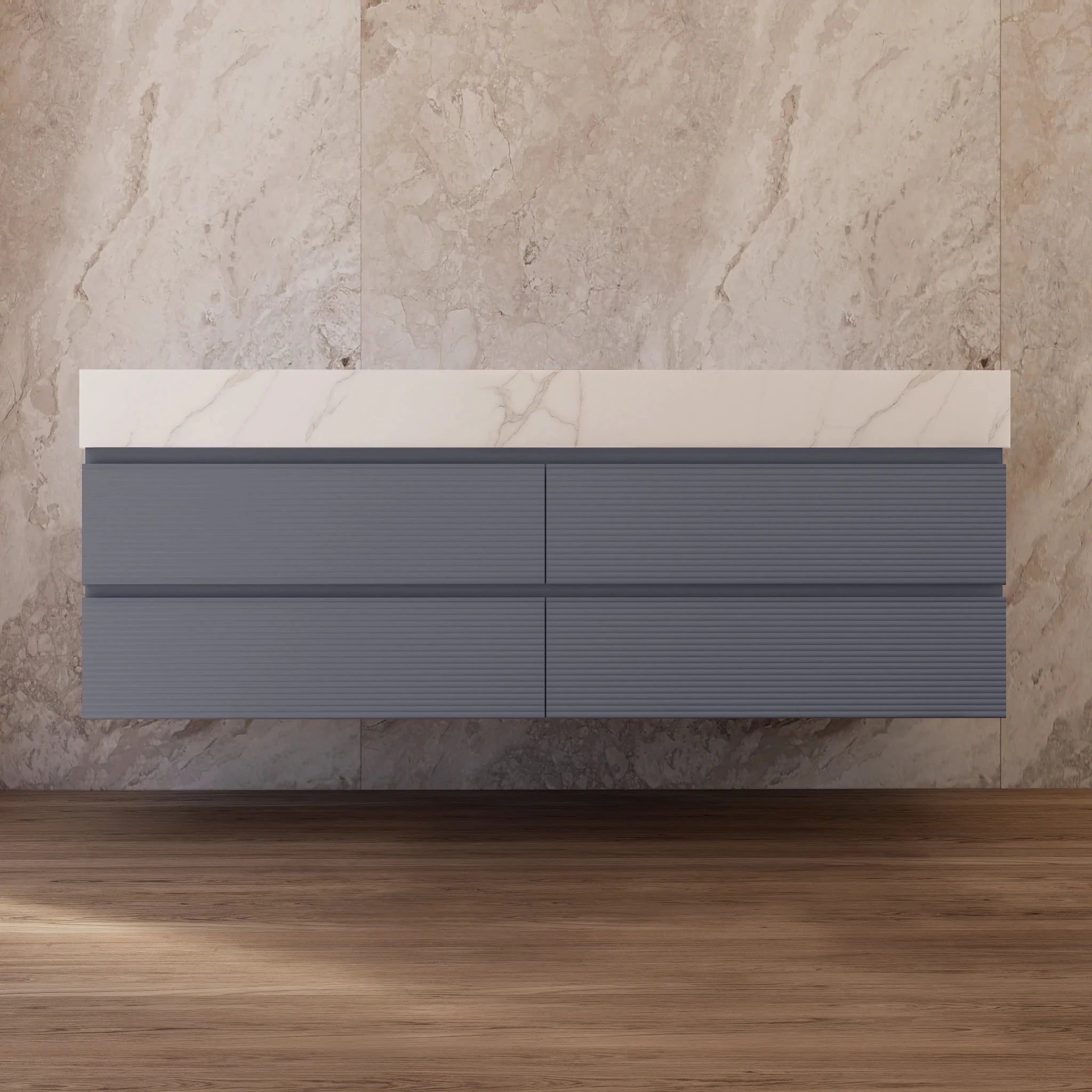 60"/71" Dark Grey Fluted Floating Vanity with Seamless Stone Double Sink - VanityCalacatta Gold