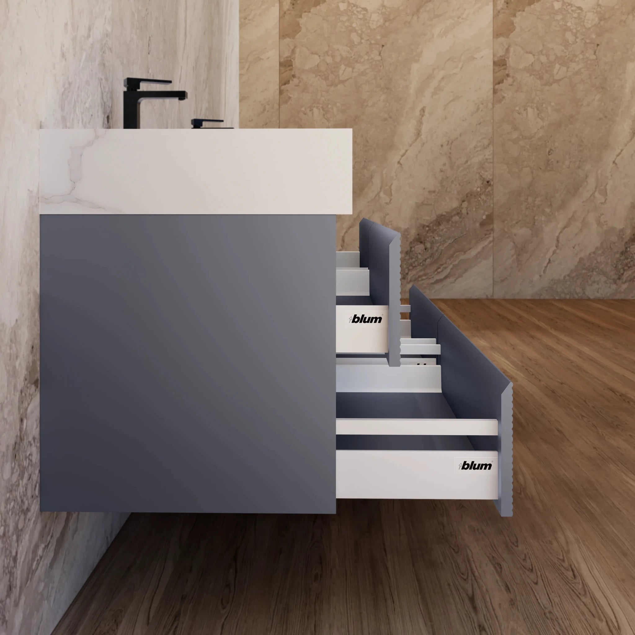 60"/71" Dark Grey Fluted Floating Vanity with Seamless Stone Double Sink - VanityCalacatta Gold