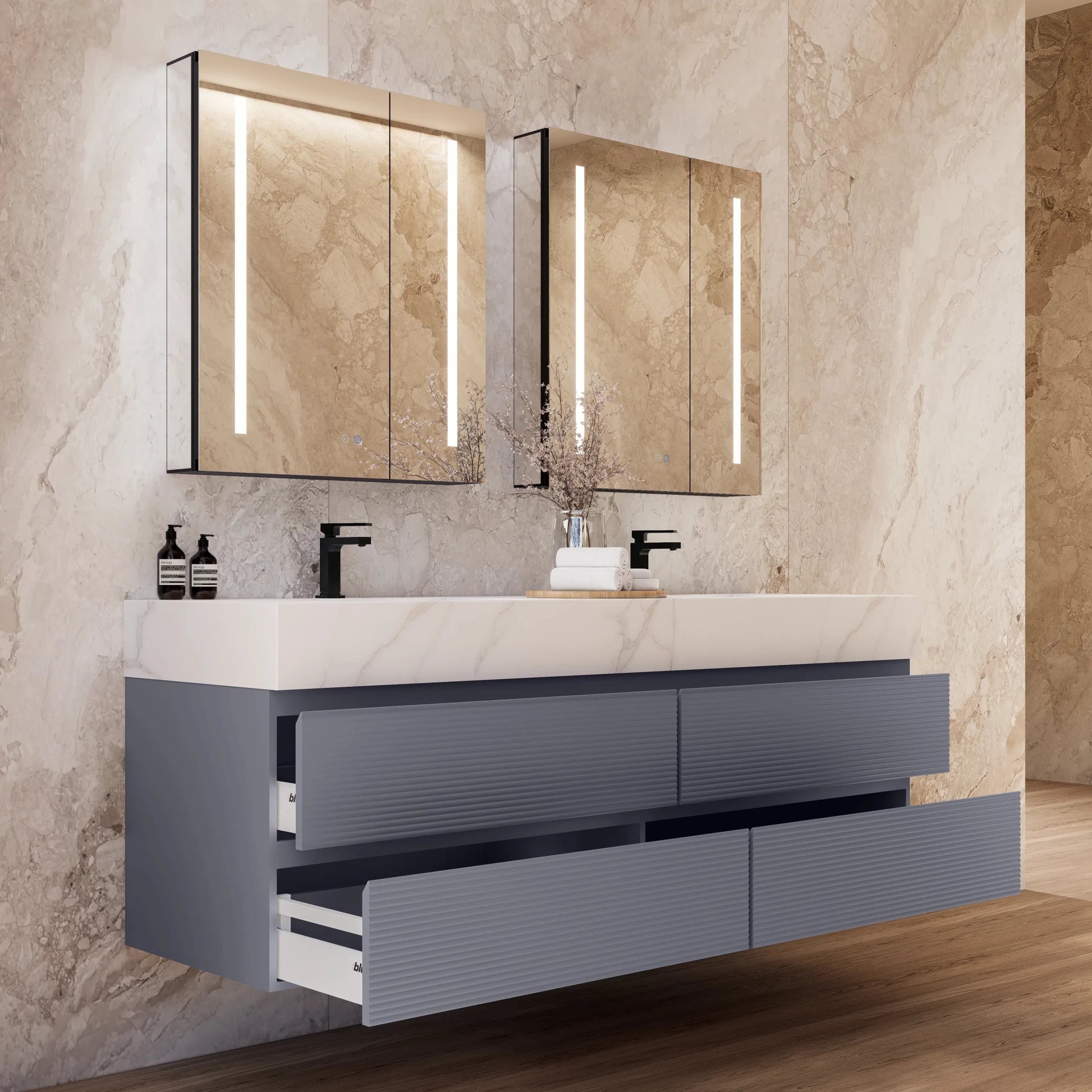 60"/71" Dark Grey Fluted Floating Vanity with Seamless Stone Double Sink - VanityCalacatta Gold