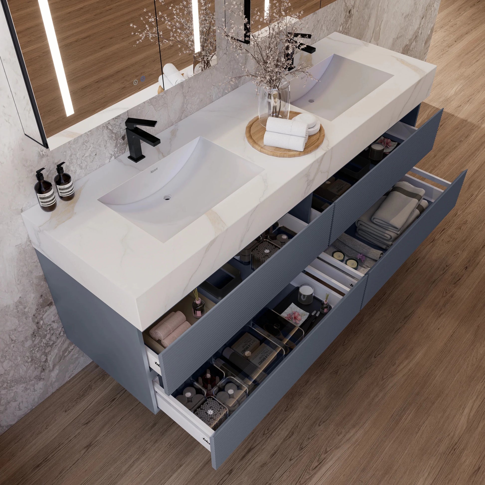 60"/71" Dark Grey Fluted Floating Vanity with Seamless Stone Double Sink - VanityCalacatta Gold