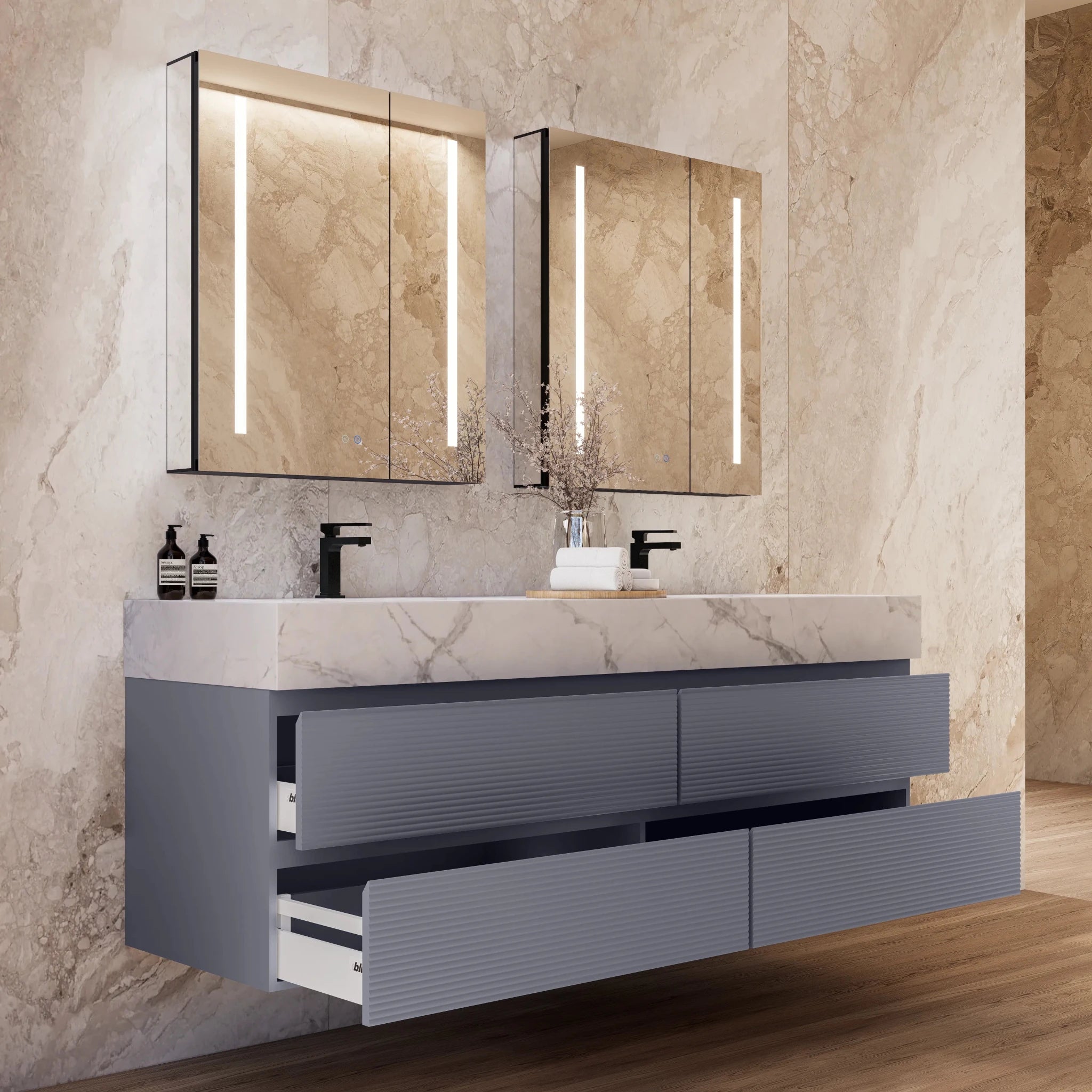 60"/71" Dark Grey Fluted Floating Vanity with Seamless Stone Double Sink - VanityIce Grey