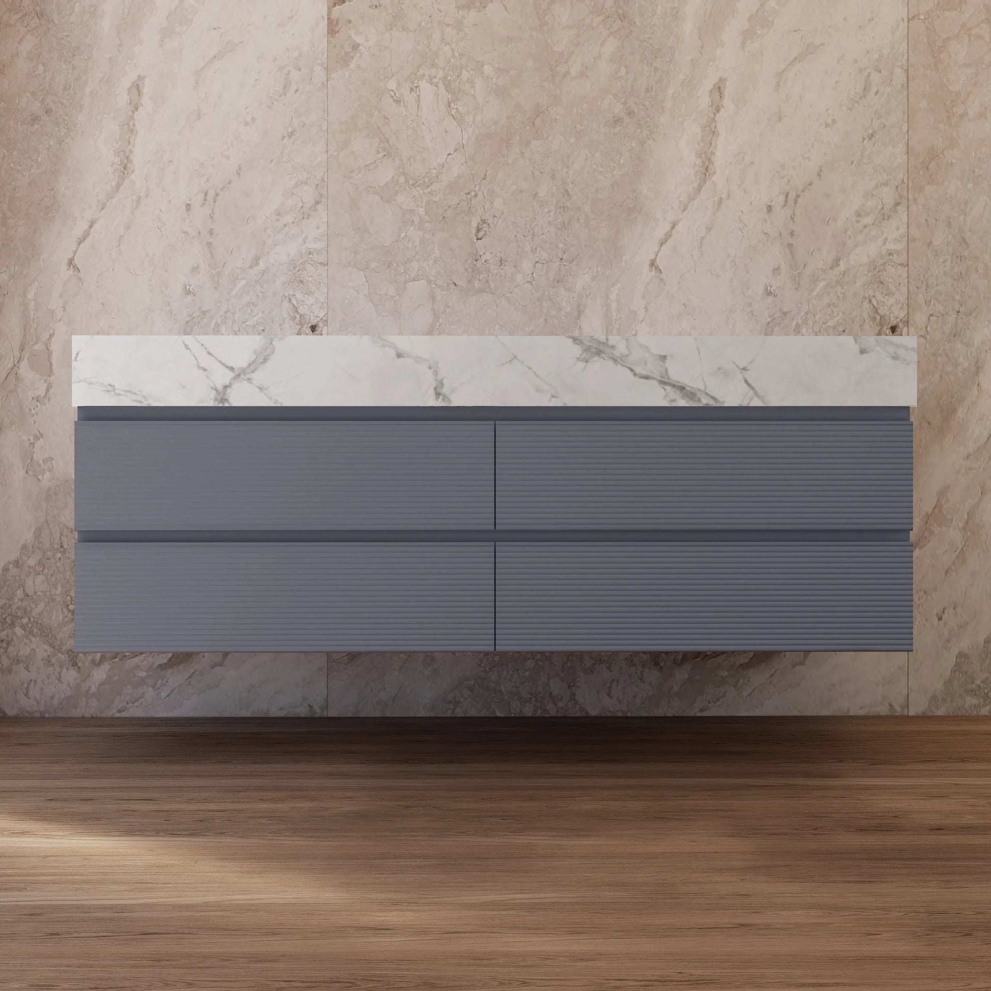 60"/71" Dark Grey Fluted Floating Vanity with Seamless Stone Double Sink - VanityIce Grey