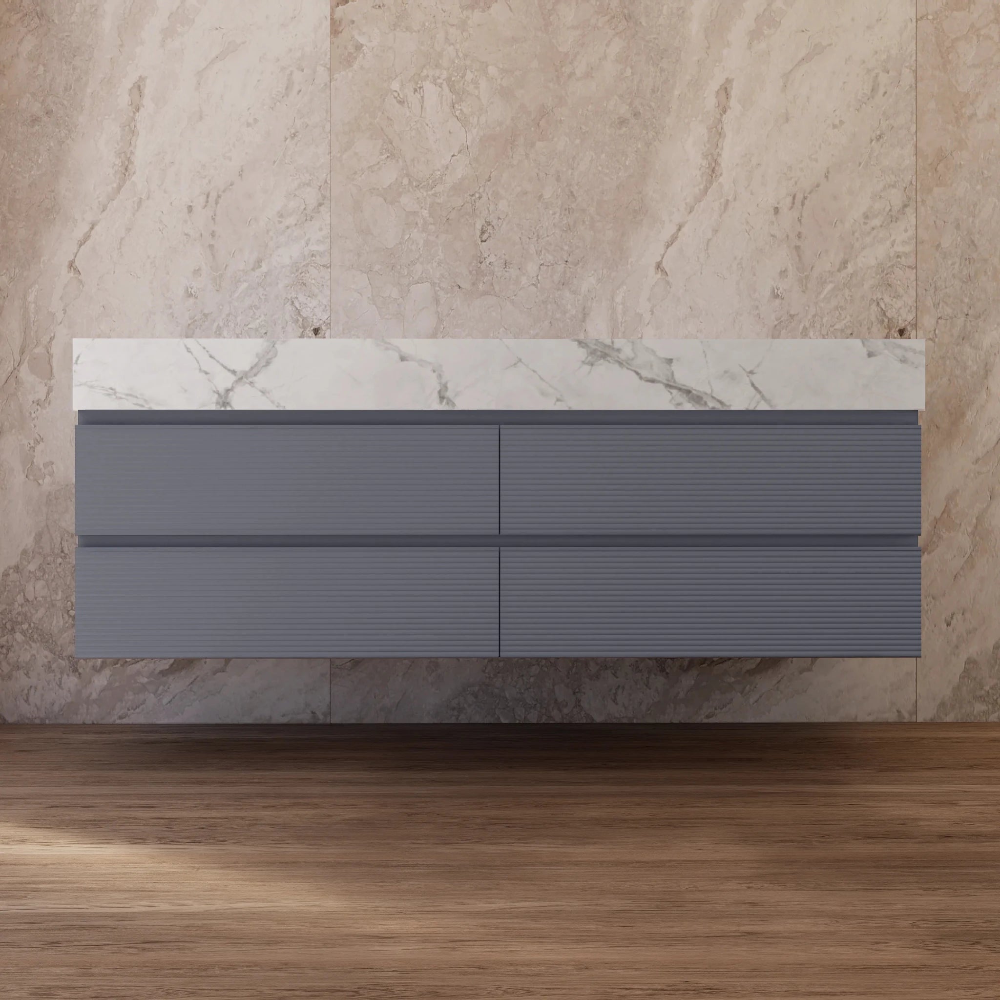 60"/71" Dark Grey Fluted Floating Vanity with Seamless Stone Double Sink - VanityIce Grey