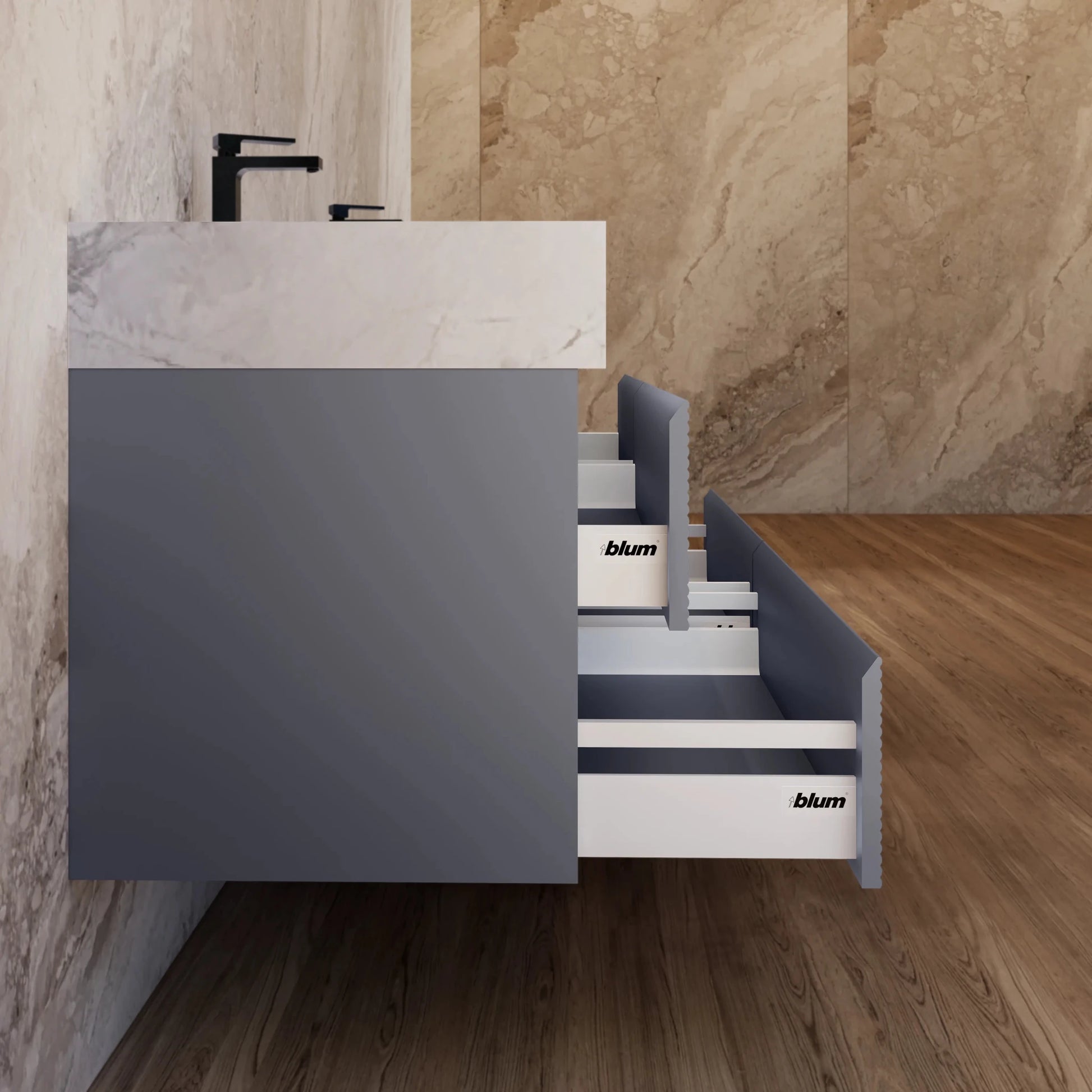 60"/71" Dark Grey Fluted Floating Vanity with Seamless Stone Double Sink - VanityIce Grey