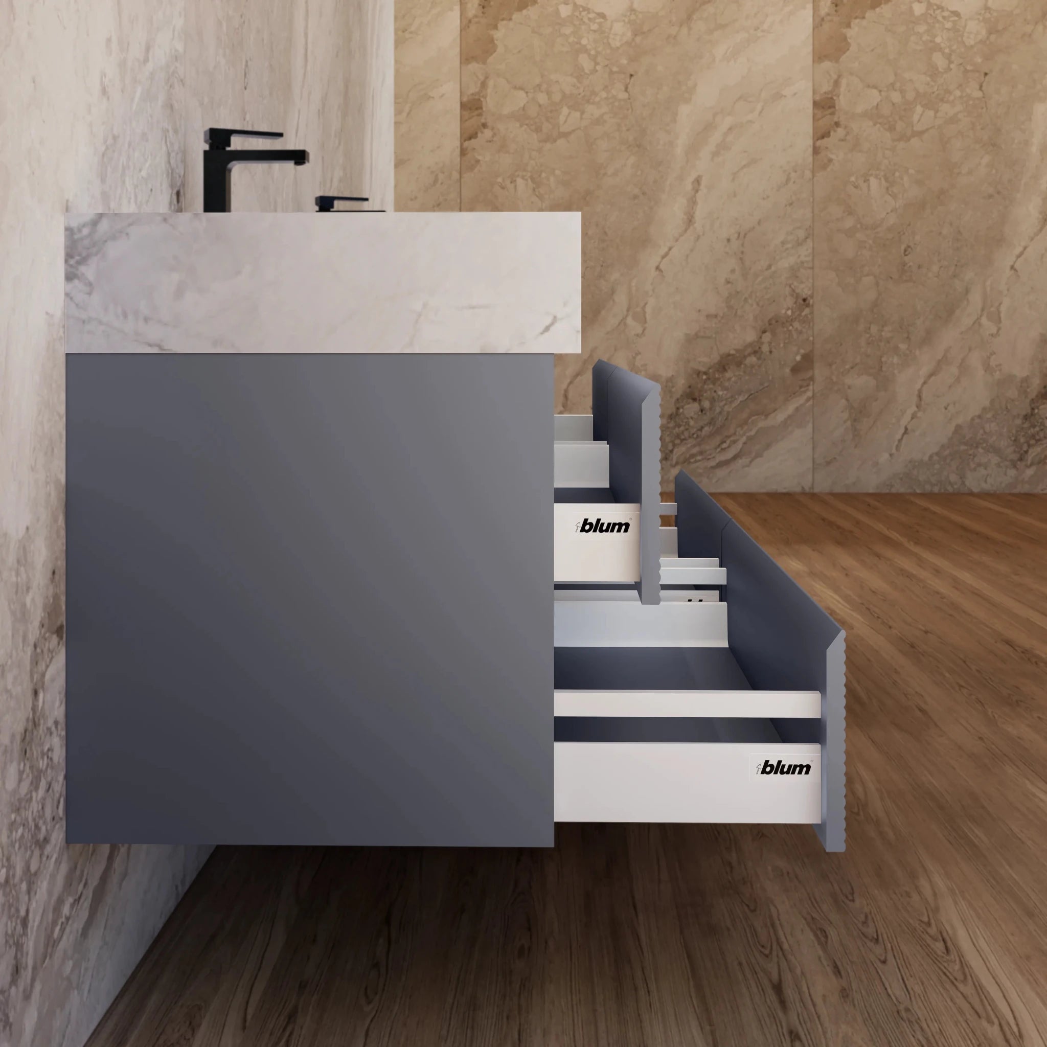 60"/71" Dark Grey Fluted Floating Vanity with Seamless Stone Double Sink - VanityIce Grey