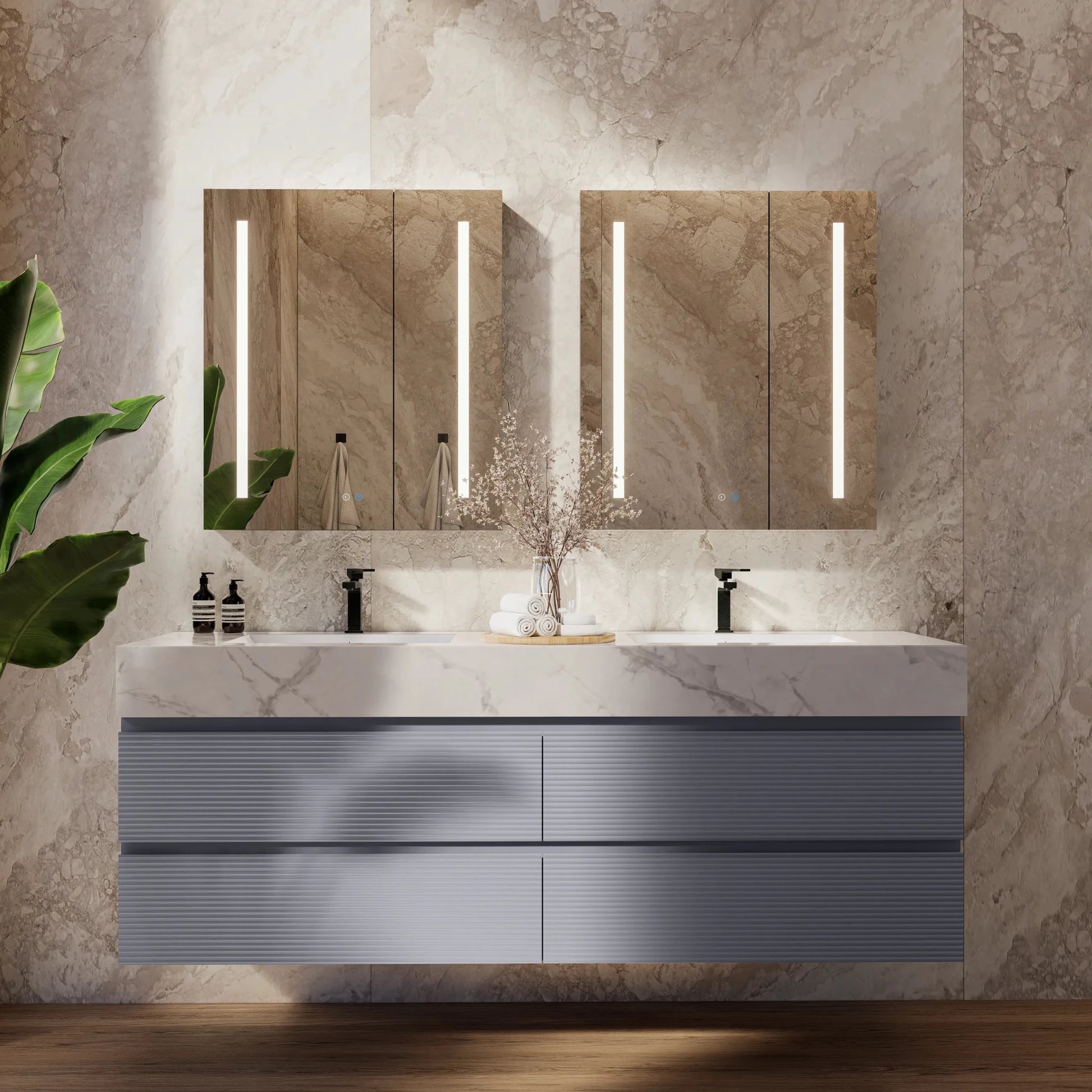 60"/71" Dark Grey Fluted Floating Vanity with Seamless Stone Double Sink - VanityIce Grey