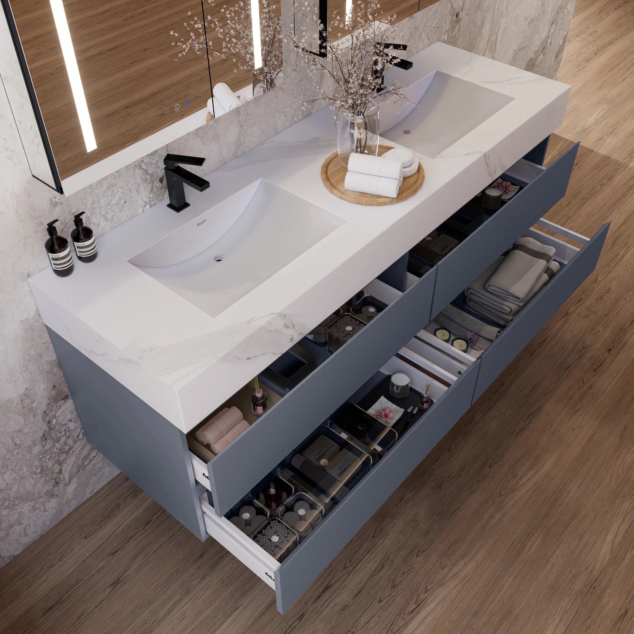 60"/71" Dark Grey Fluted Floating Vanity with Seamless Stone Double Sink - VanityWhite Carrara