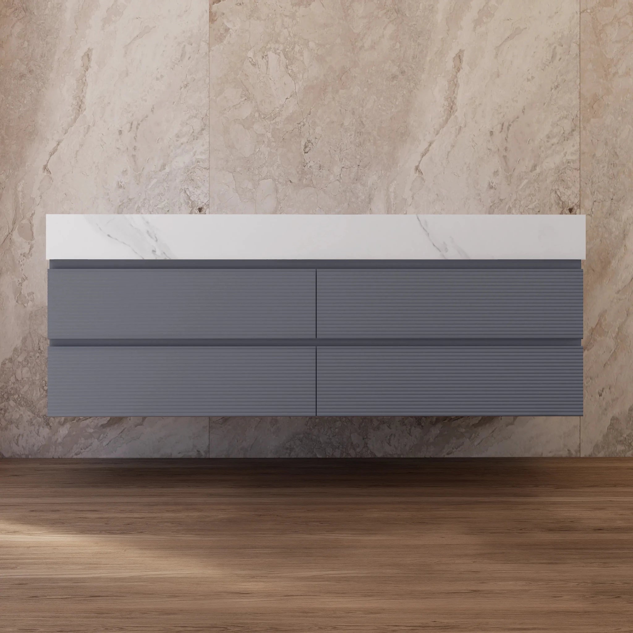 60"/71" Dark Grey Fluted Floating Vanity with Seamless Stone Double Sink - VanityWhite Carrara