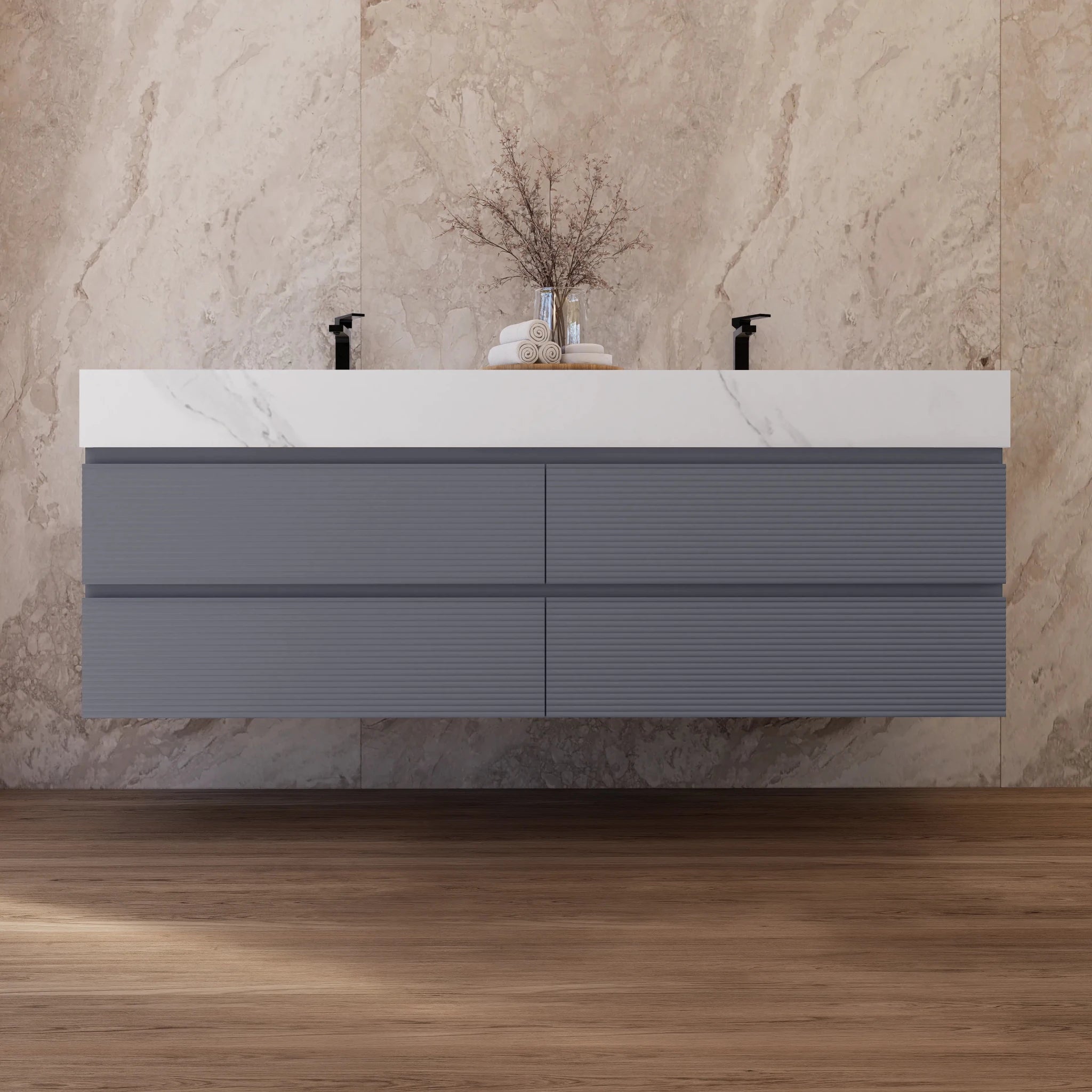 60"/71" Dark Grey Fluted Floating Vanity with Seamless Stone Double Sink - VanityWhite Carrara