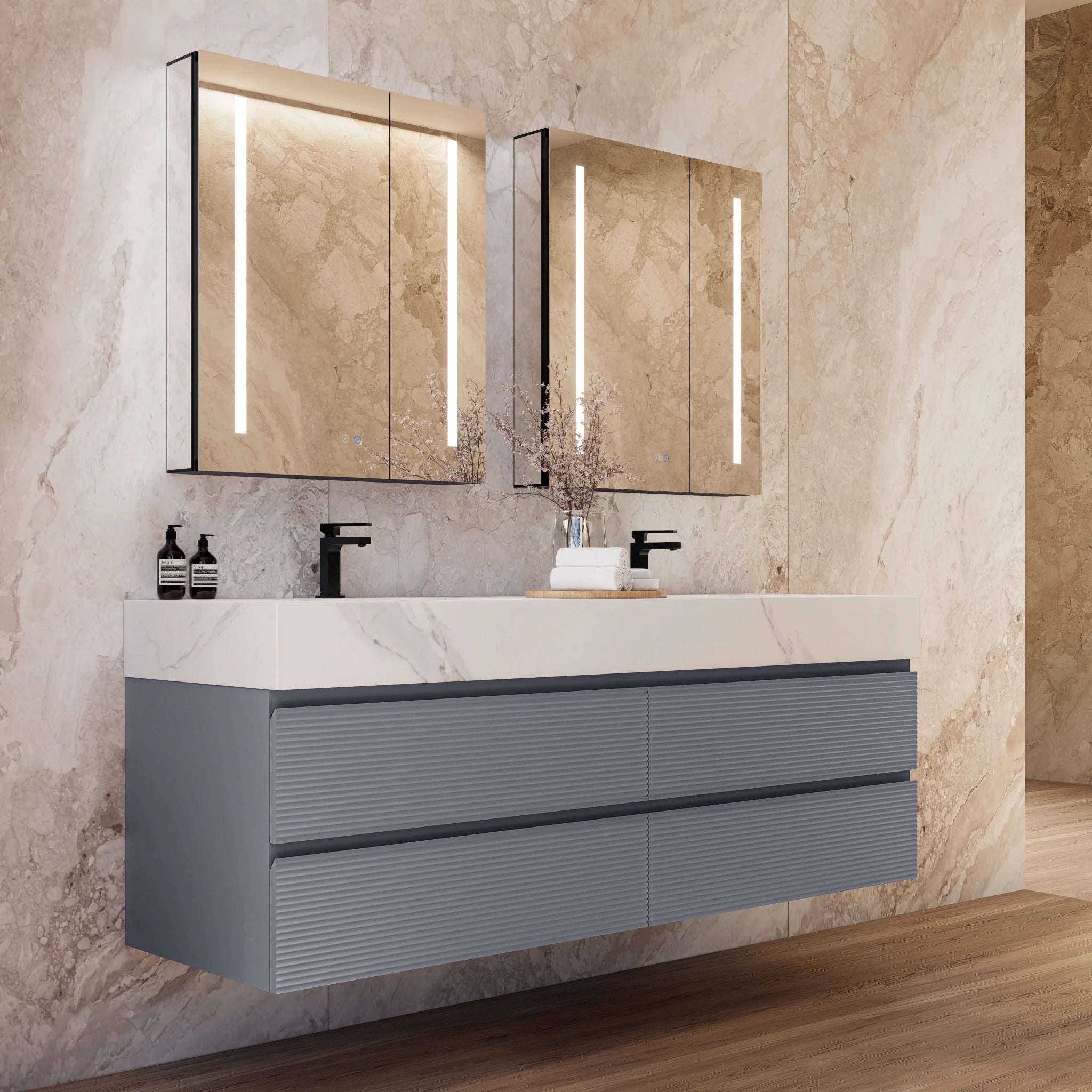 60"/71" Dark Grey Fluted Floating Vanity with Seamless Stone Double Sink - VanityWhite Carrara